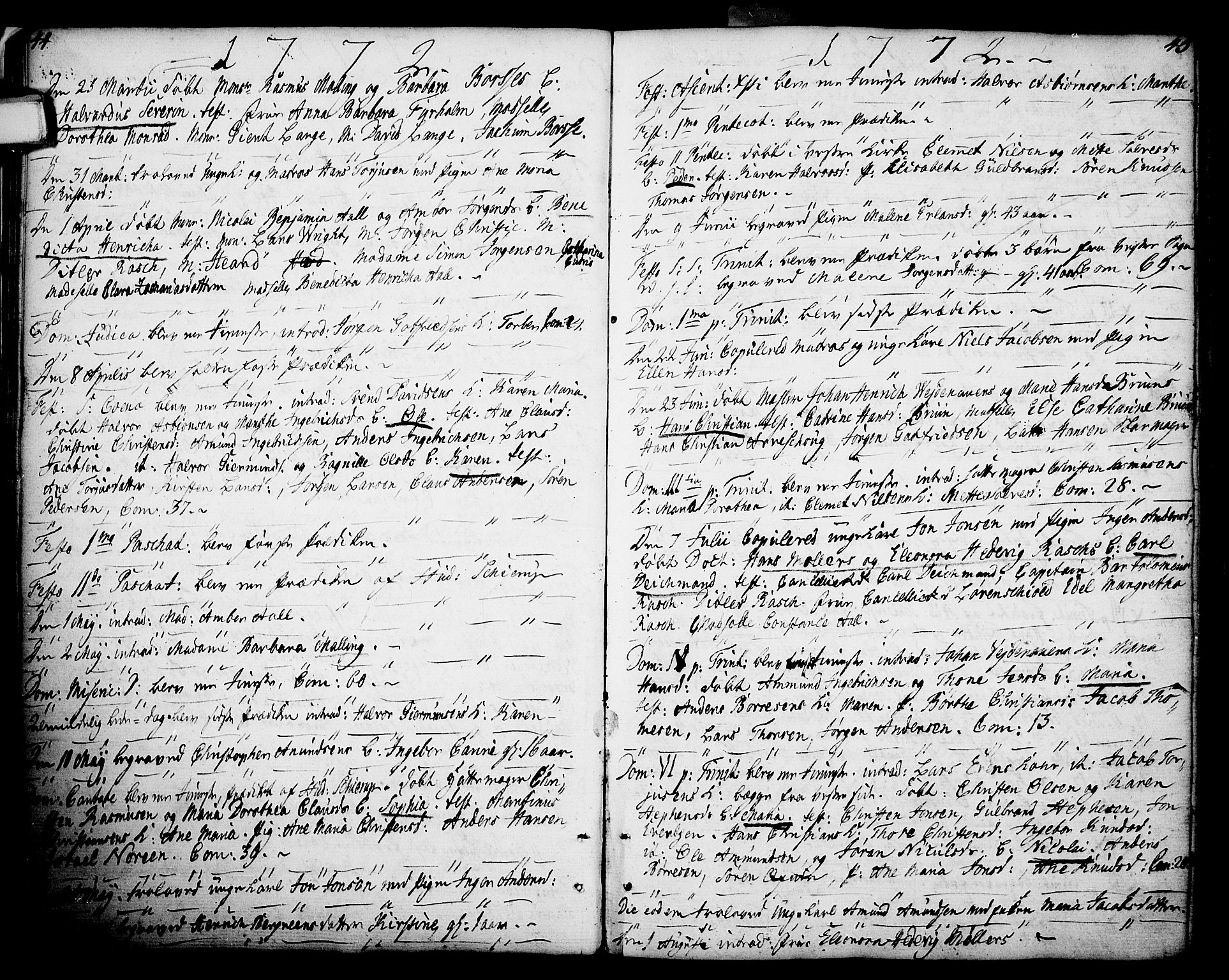 Porsgrunn kirkebøker , AV/SAKO-A-104/F/Fa/L0002: Ministerialbok nr. 2, 1764-1814, s. 44-45