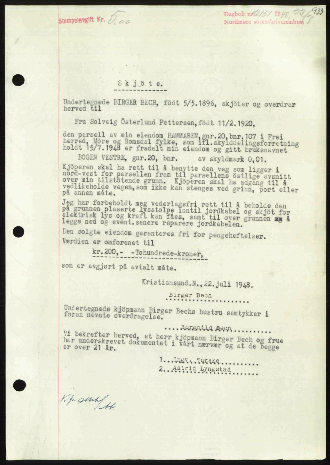 Nordmøre sorenskriveri, SAT/A-4132/1/2/2Ca: Pantebok nr. A108, 1948-1948, Dagboknr: 2151/1948