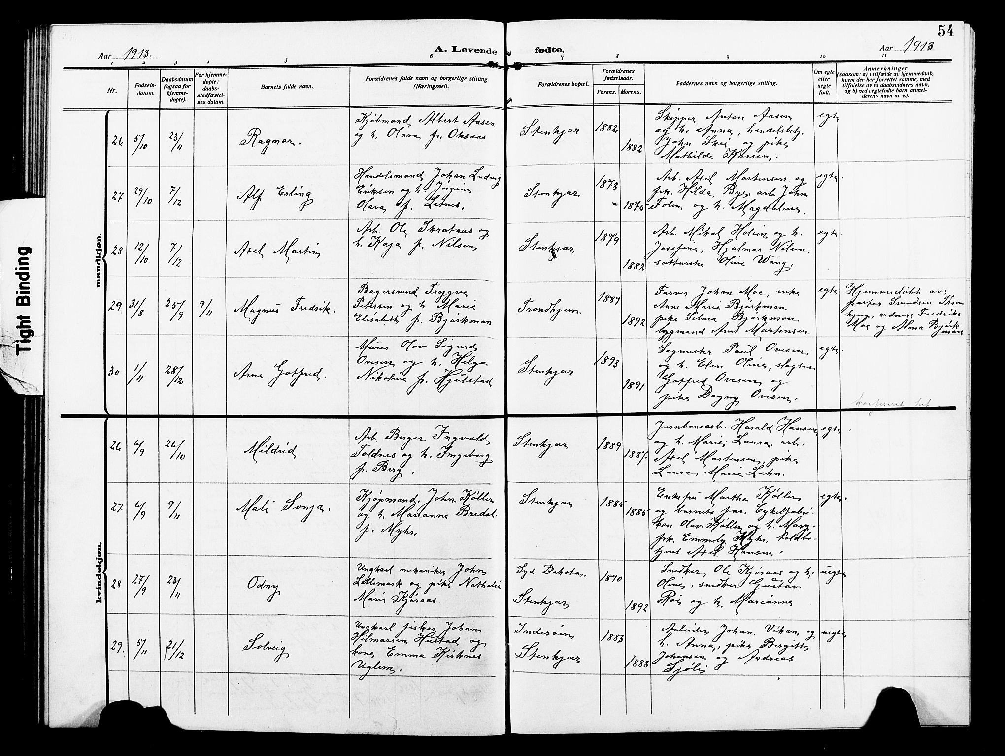 Ministerialprotokoller, klokkerbøker og fødselsregistre - Nord-Trøndelag, SAT/A-1458/739/L0376: Klokkerbok nr. 739C04, 1908-1917, s. 54