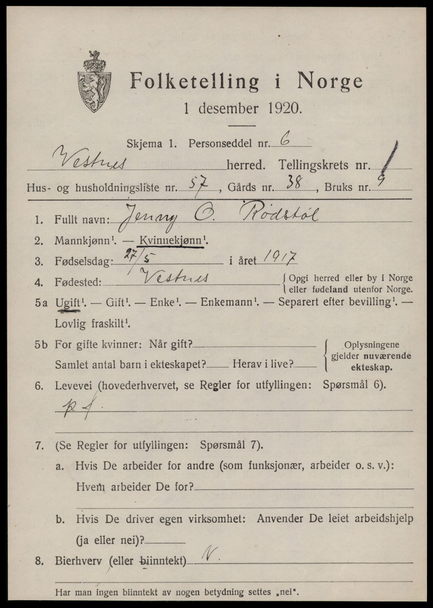 SAT, Folketelling 1920 for 1535 Vestnes herred, 1920, s. 1909
