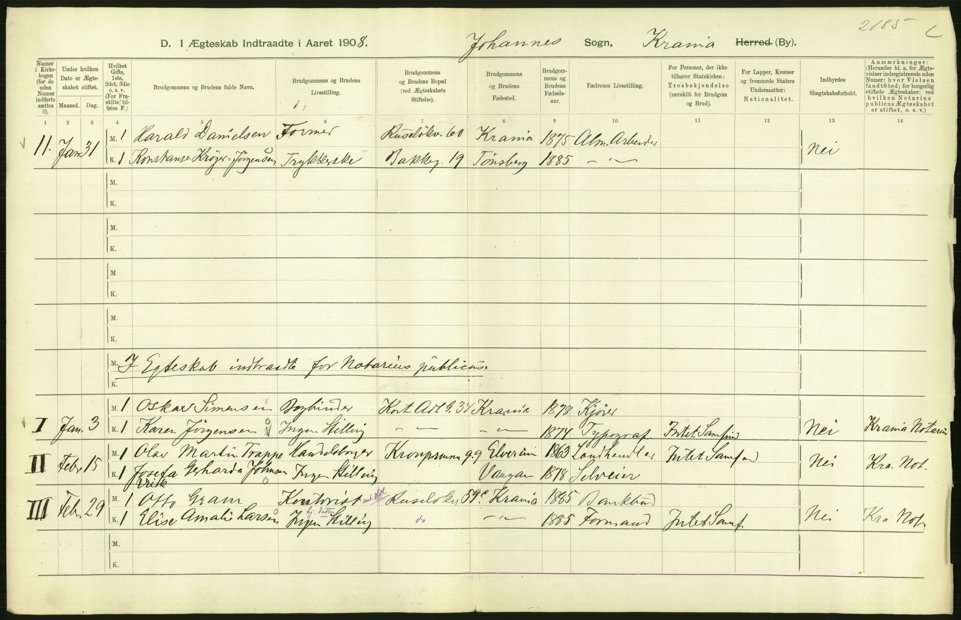 Statistisk sentralbyrå, Sosiodemografiske emner, Befolkning, AV/RA-S-2228/D/Df/Dfa/Dfaf/L0007: Kristiania: Gifte, 1908, s. 370