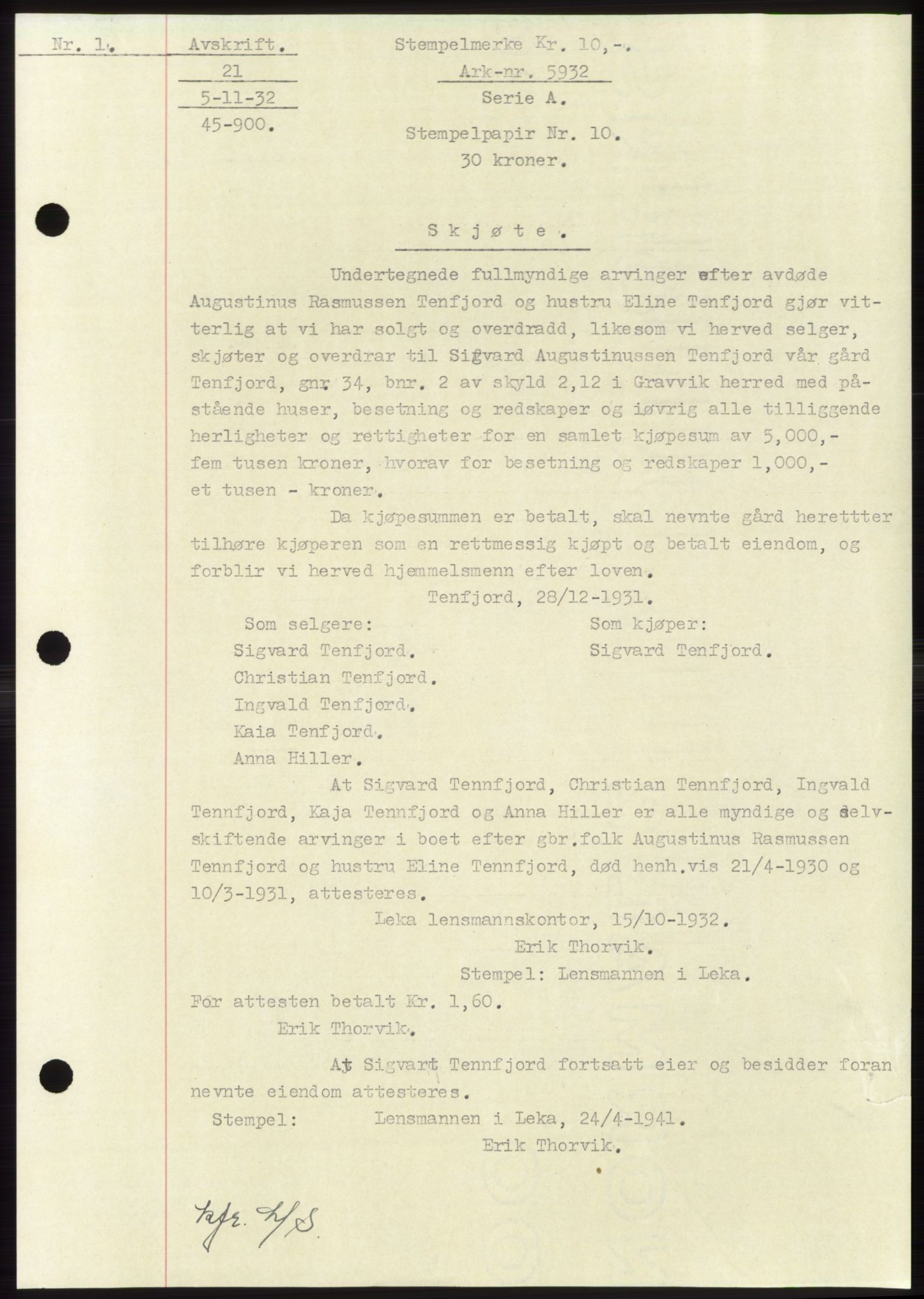 Namdal sorenskriveri, AV/SAT-A-4133/1/2/2C: Pantebok nr. -, 1931-1934, Tingl.dato: 05.11.1932