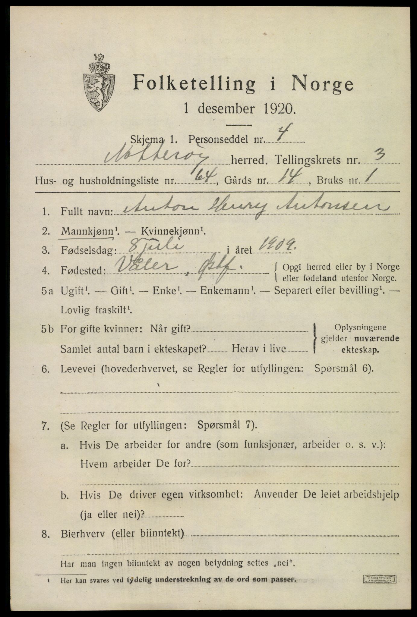 SAKO, Folketelling 1920 for 0722 Nøtterøy herred, 1920, s. 6225