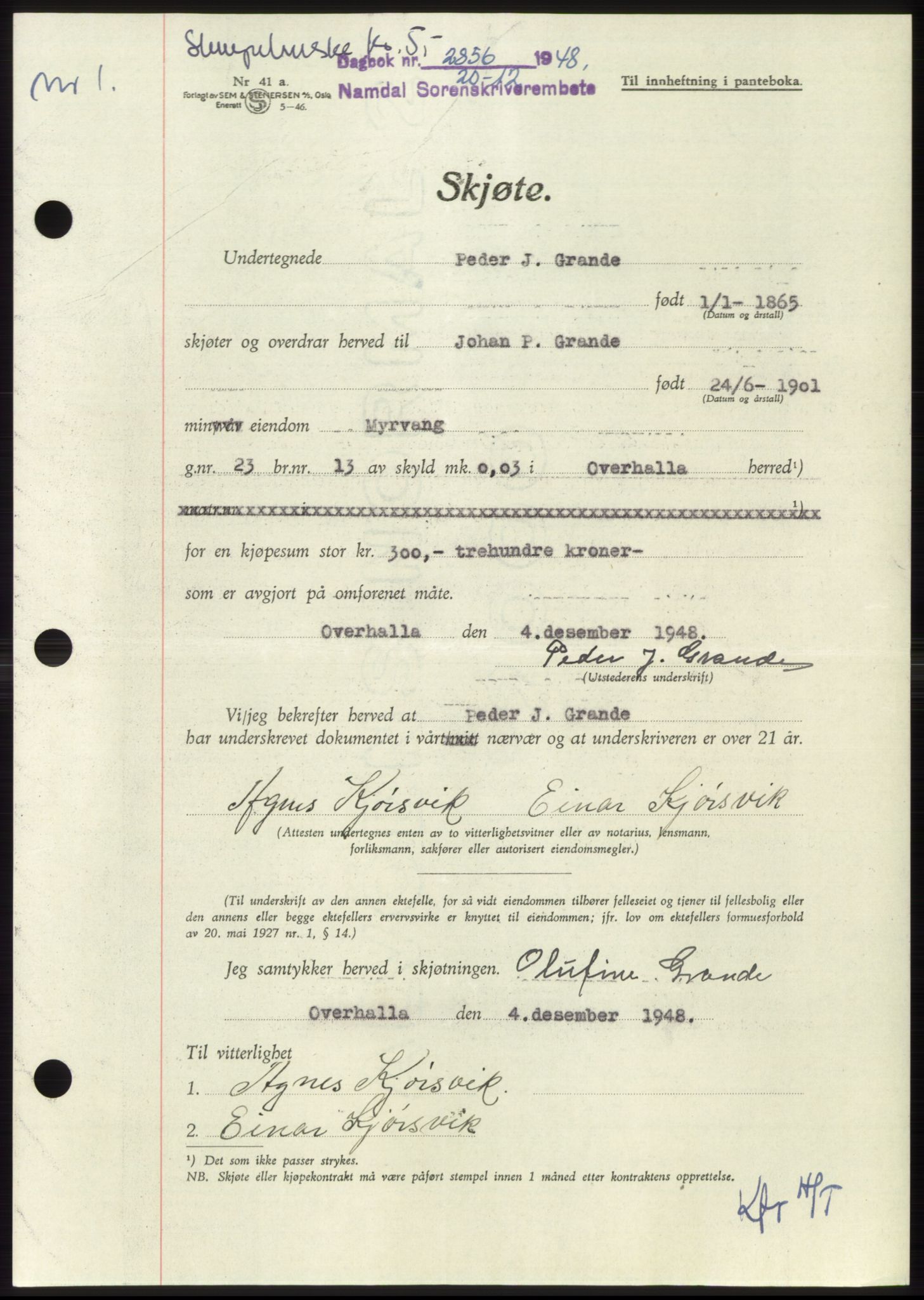 Namdal sorenskriveri, SAT/A-4133/1/2/2C: Pantebok nr. -, 1948-1948, Dagboknr: 2856/1948