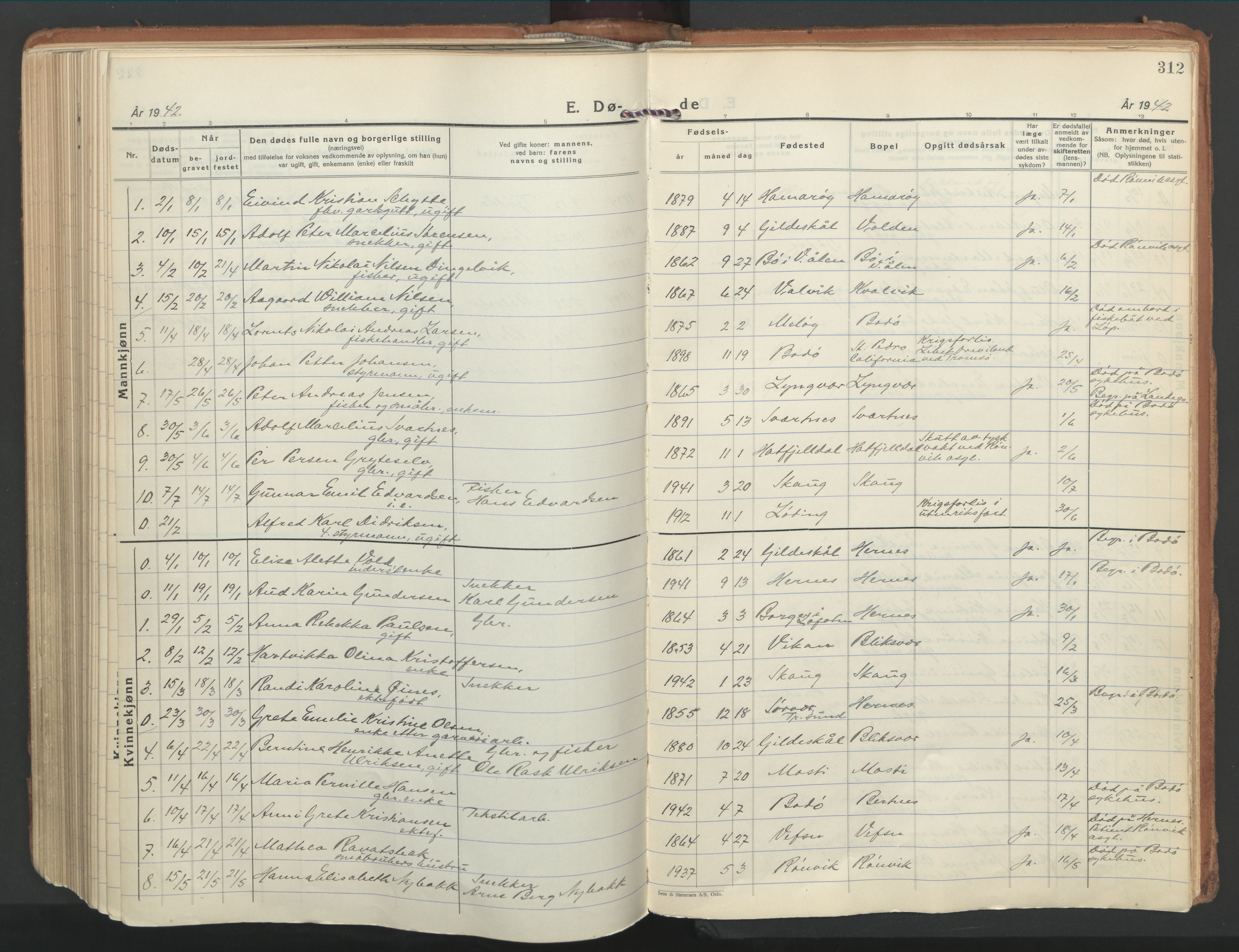 Ministerialprotokoller, klokkerbøker og fødselsregistre - Nordland, AV/SAT-A-1459/802/L0061: Ministerialbok nr. 802A08, 1933-1946, s. 312