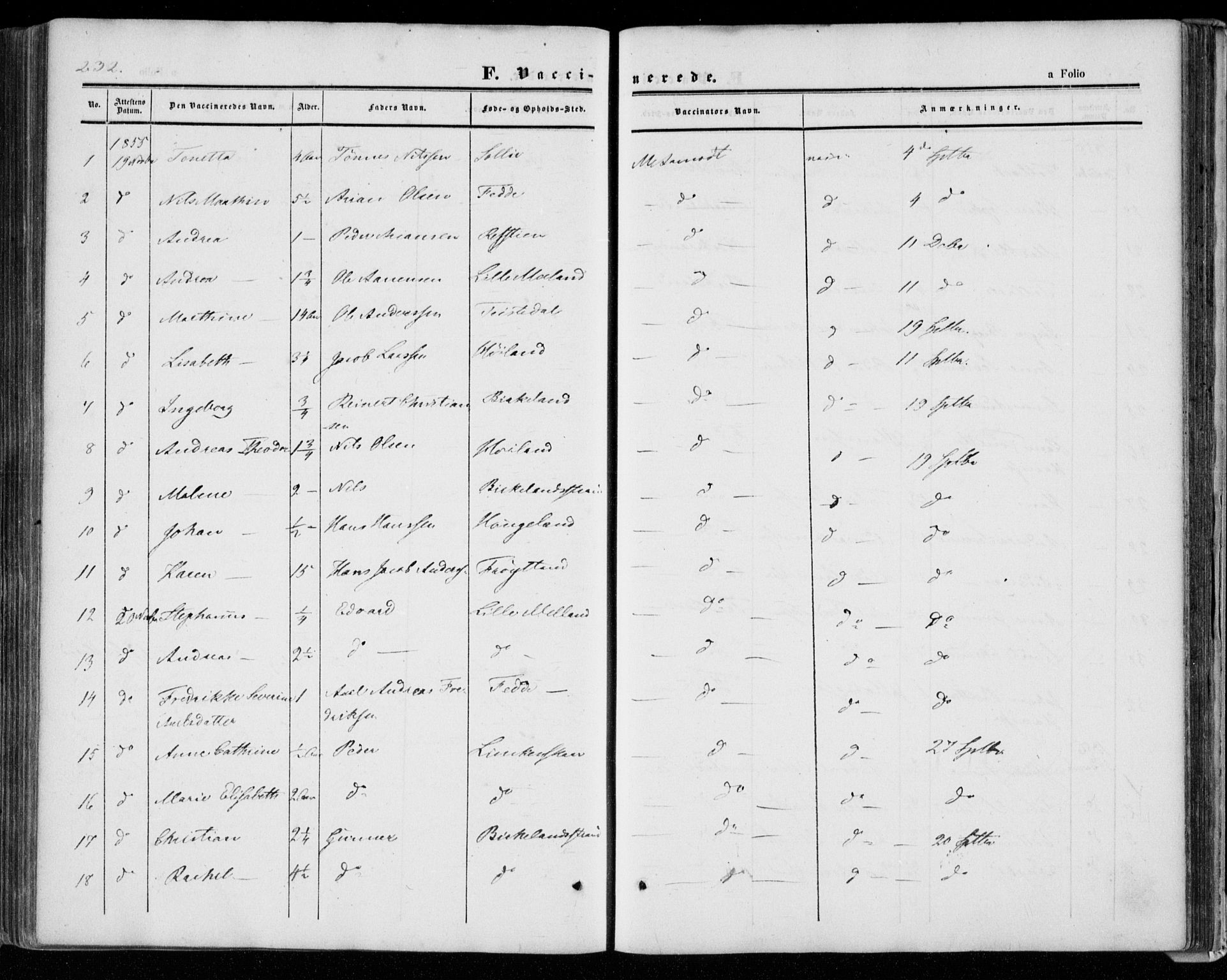 Kvinesdal sokneprestkontor, SAK/1111-0026/F/Fa/Faa/L0002: Ministerialbok nr. A 2, 1850-1876, s. 232