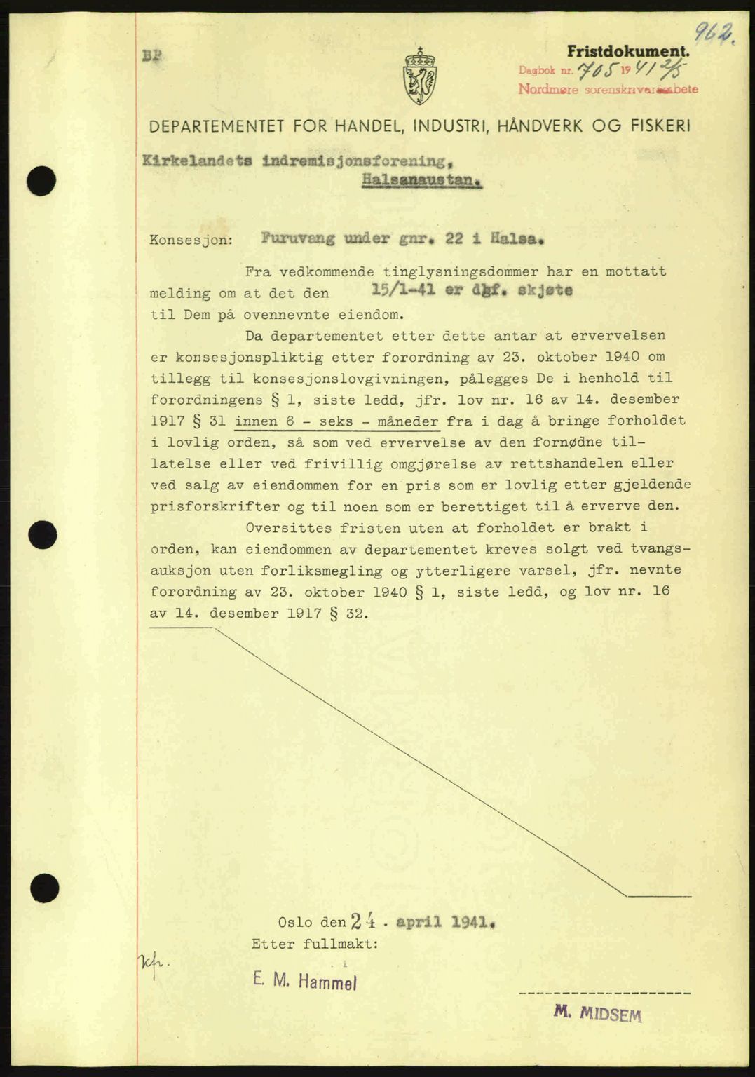Nordmøre sorenskriveri, AV/SAT-A-4132/1/2/2Ca: Pantebok nr. B87, 1940-1941, Dagboknr: 705/1941