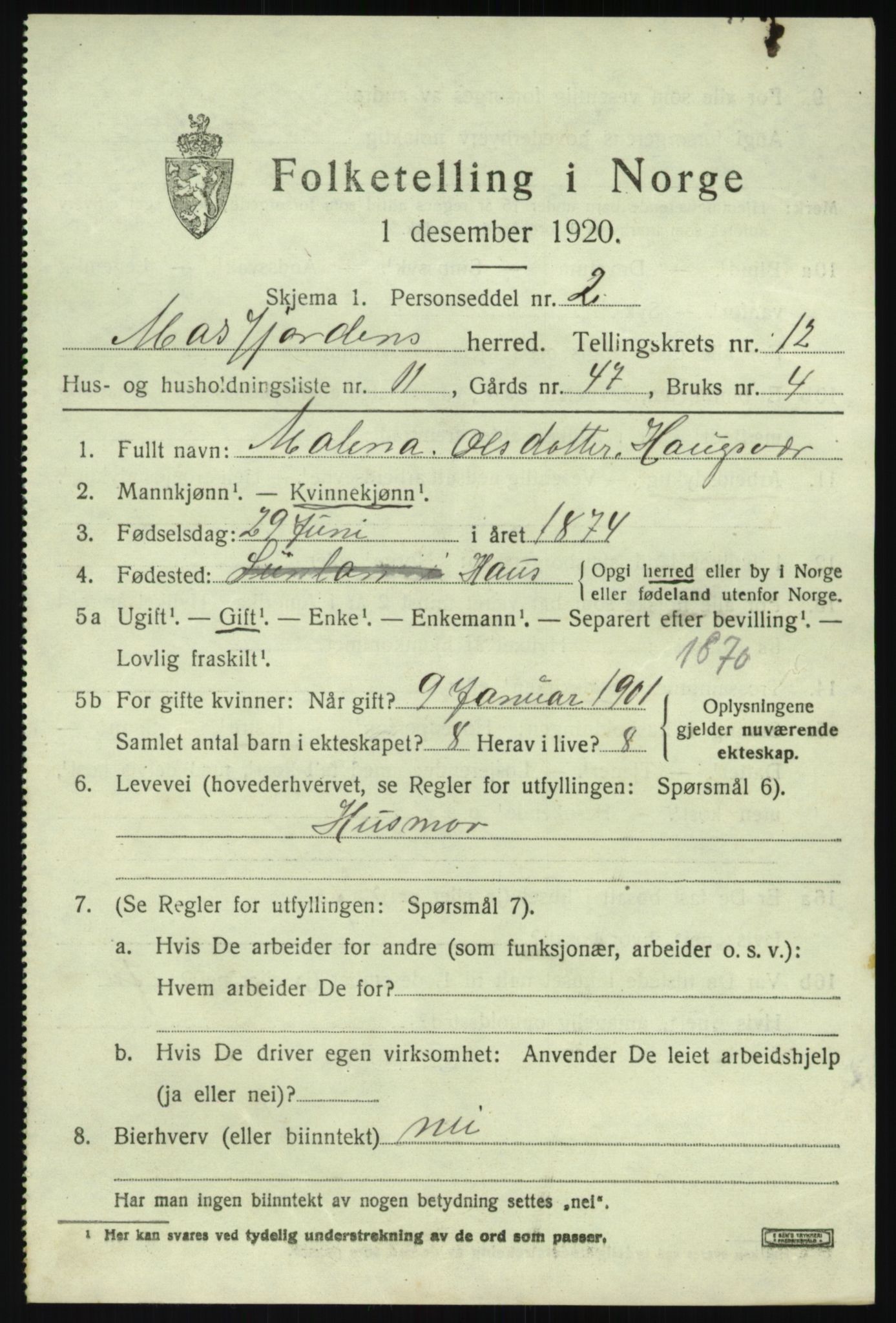 SAB, Folketelling 1920 for 1266 Masfjorden herred, 1920, s. 4645