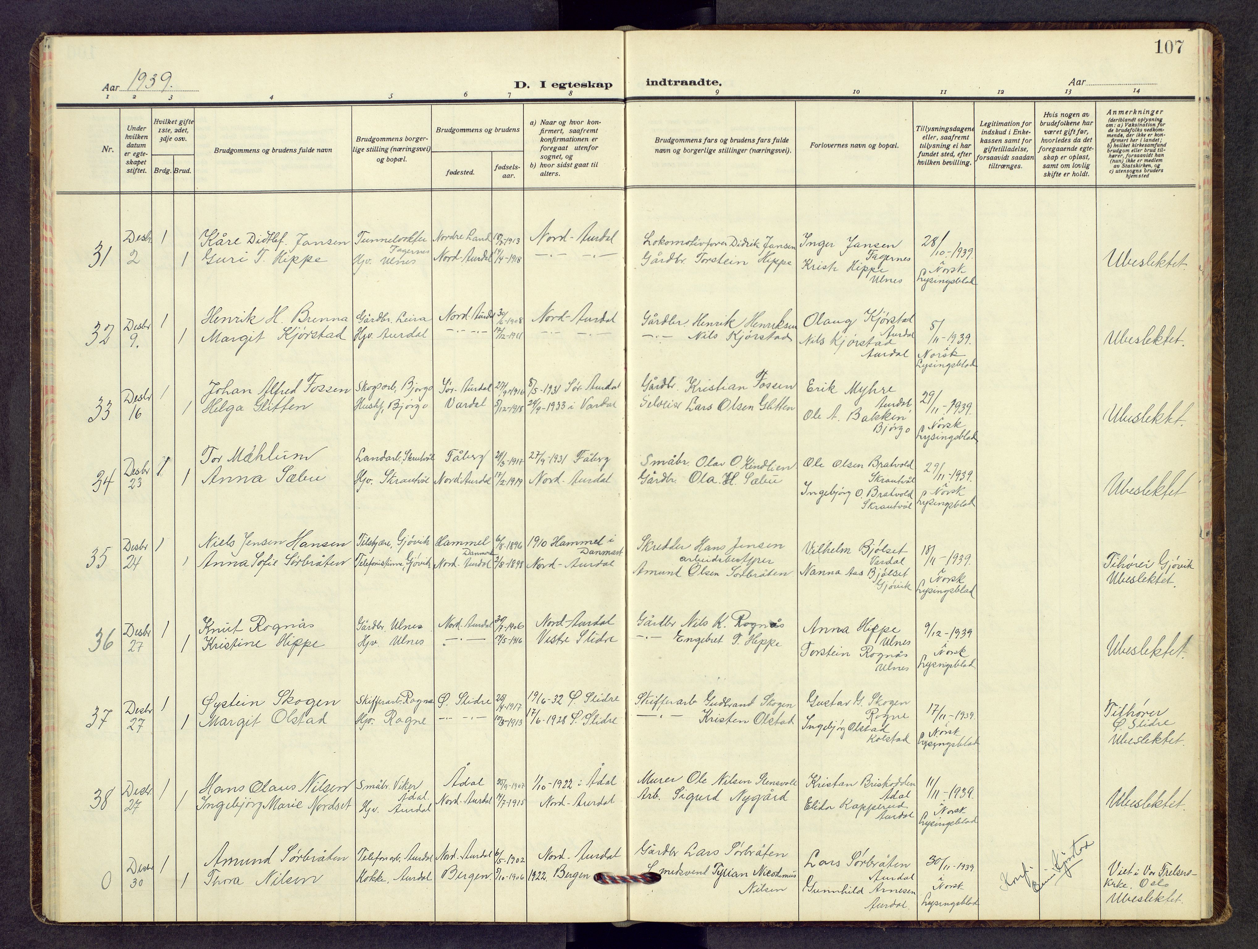 Nord-Aurdal prestekontor, AV/SAH-PREST-132/H/Ha/Hab/L0017: Klokkerbok nr. 17, 1933-1946, s. 107