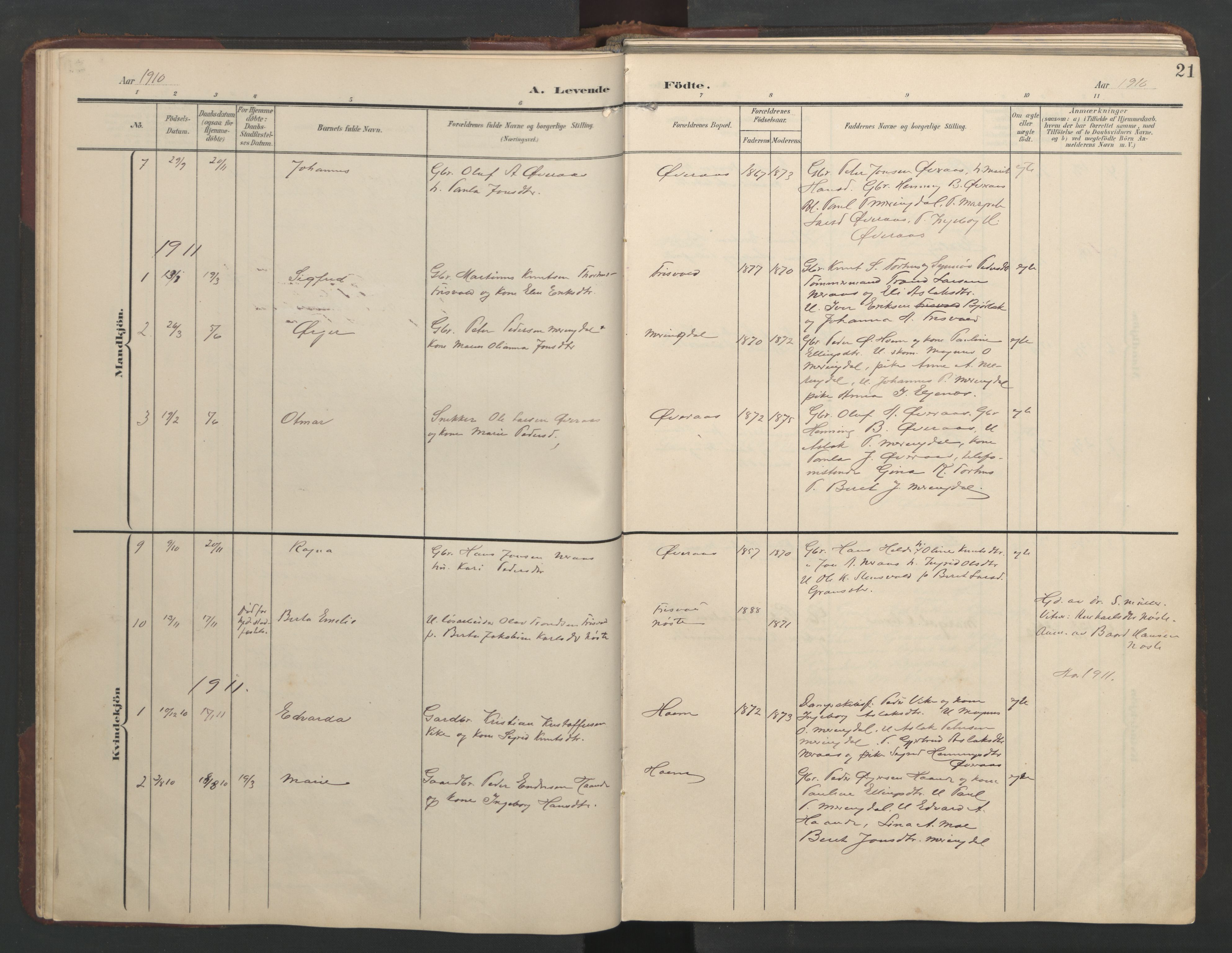 Ministerialprotokoller, klokkerbøker og fødselsregistre - Møre og Romsdal, SAT/A-1454/552/L0639: Klokkerbok nr. 552C02, 1903-1960, s. 21