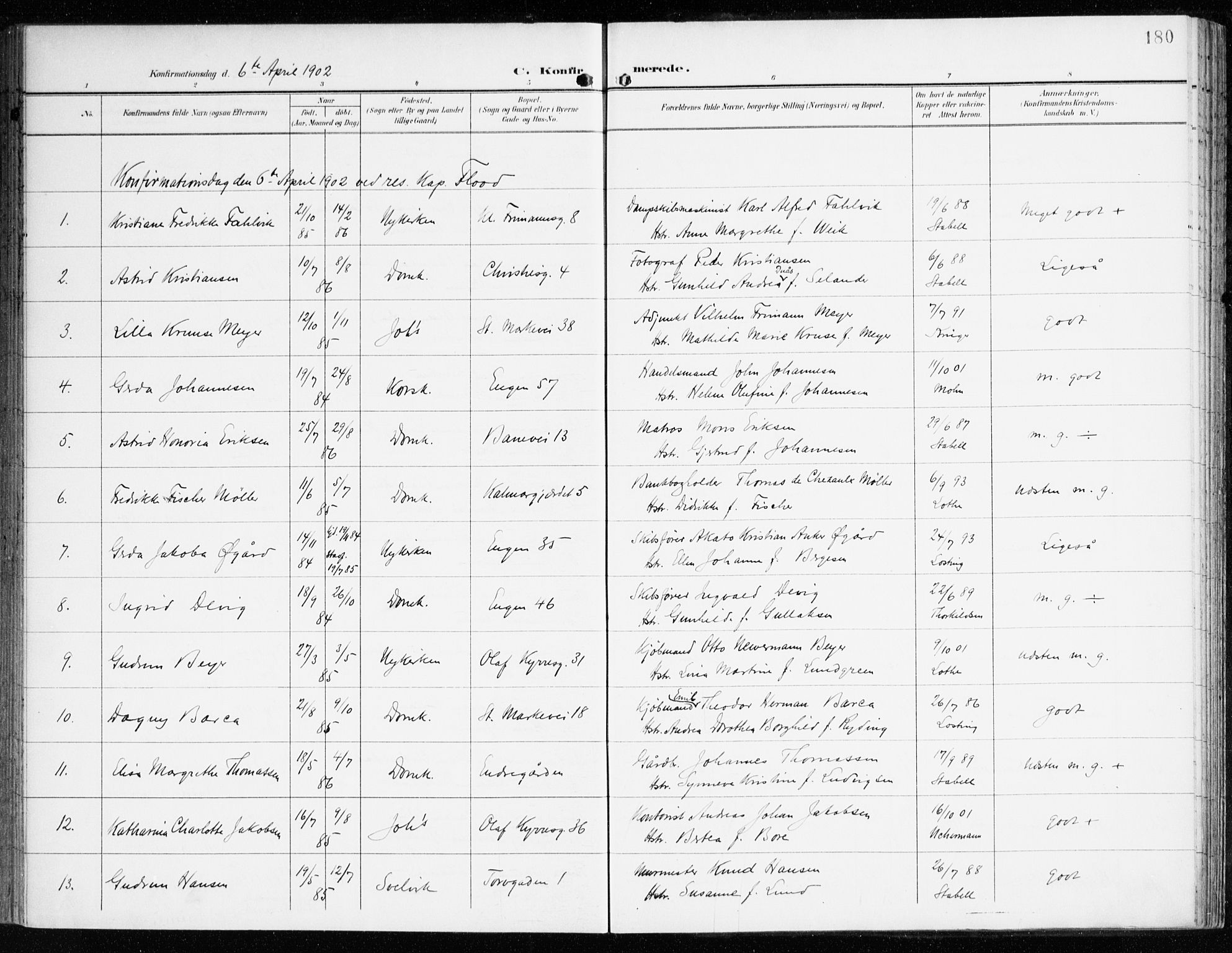 Domkirken sokneprestembete, AV/SAB-A-74801/H/Haa/L0031: Ministerialbok nr. C 6, 1898-1915, s. 180