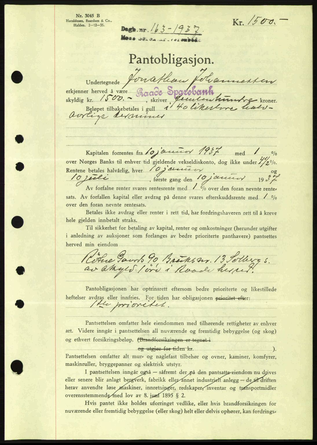 Moss sorenskriveri, SAO/A-10168: Pantebok nr. B3, 1937-1937, Dagboknr: 163/1937