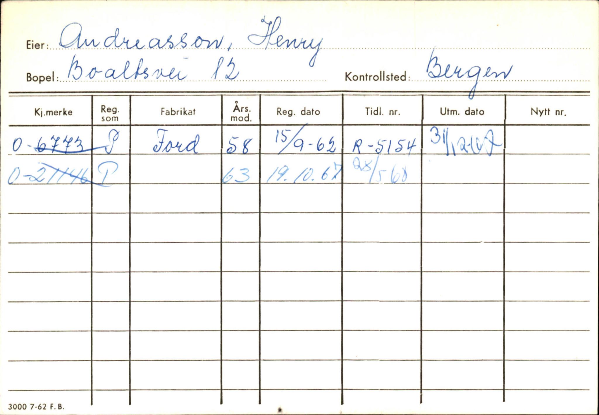 Statens vegvesen, Hordaland vegkontor, SAB/A-5201/2/Hb/L0002: O-eierkort A-B, 1920-1971, s. 2