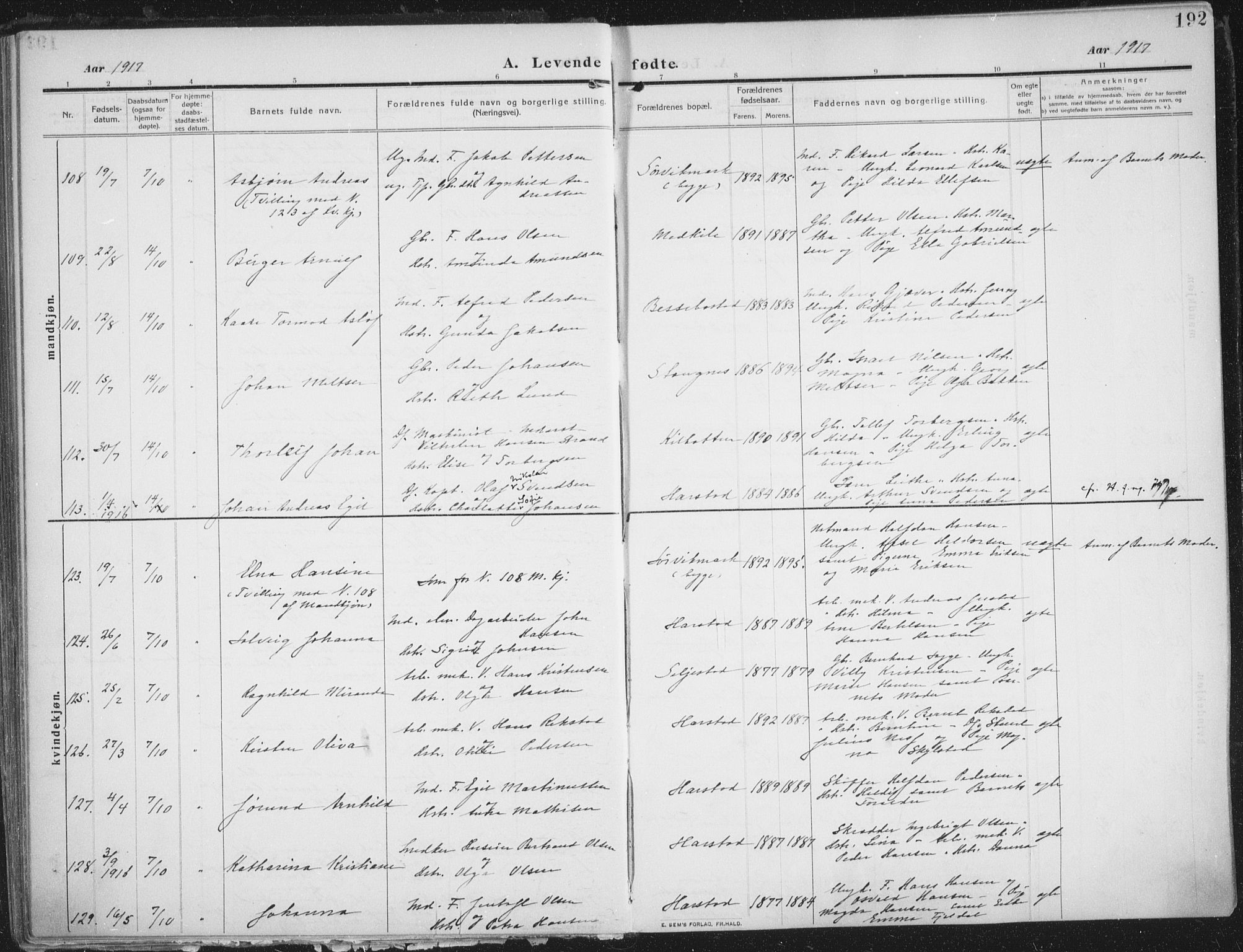 Trondenes sokneprestkontor, AV/SATØ-S-1319/H/Ha/L0018kirke: Ministerialbok nr. 18, 1909-1918, s. 192