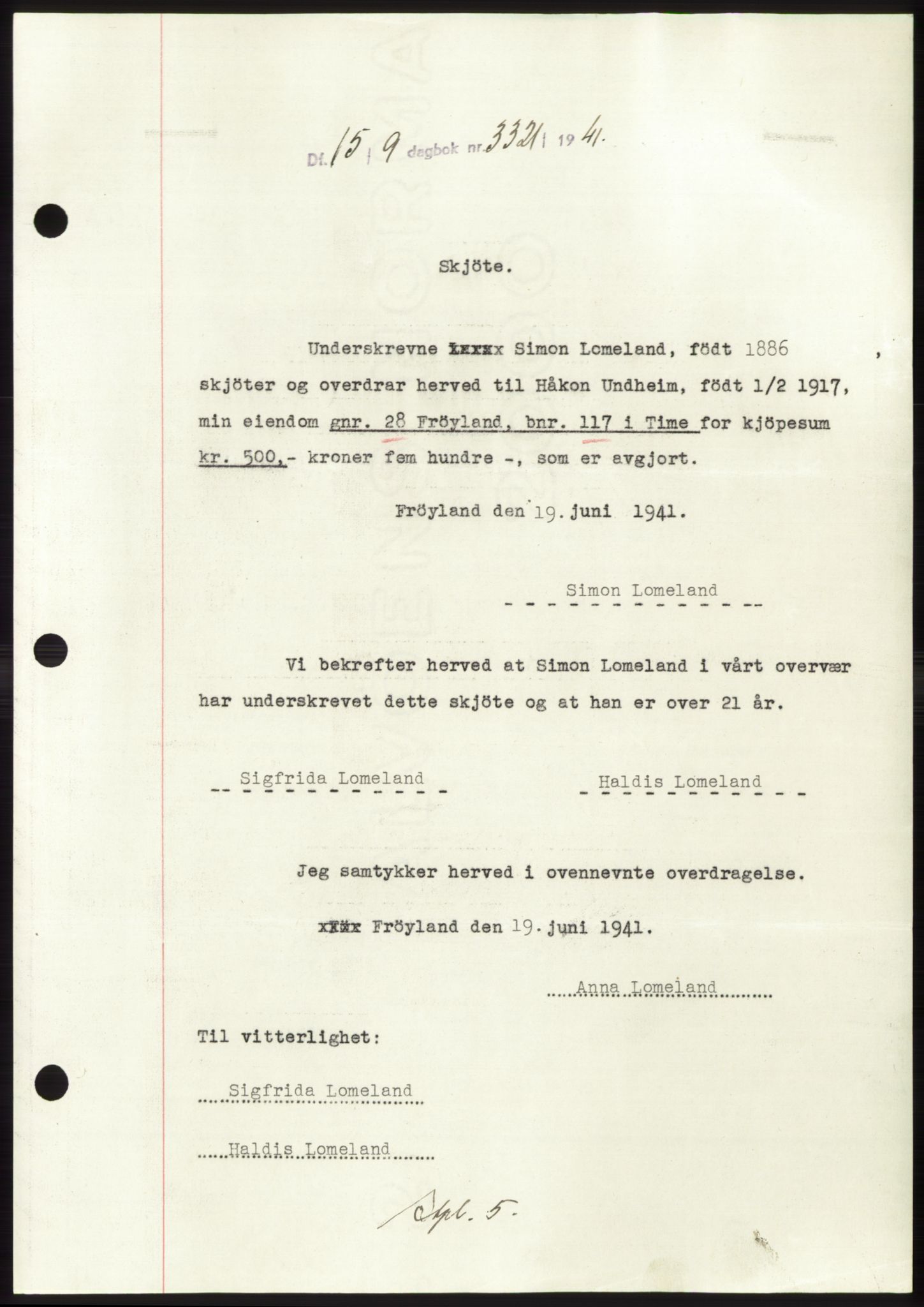Jæren sorenskriveri, SAST/A-100310/03/G/Gba/L0081: Pantebok, 1941-1941, Dagboknr: 3321/1941