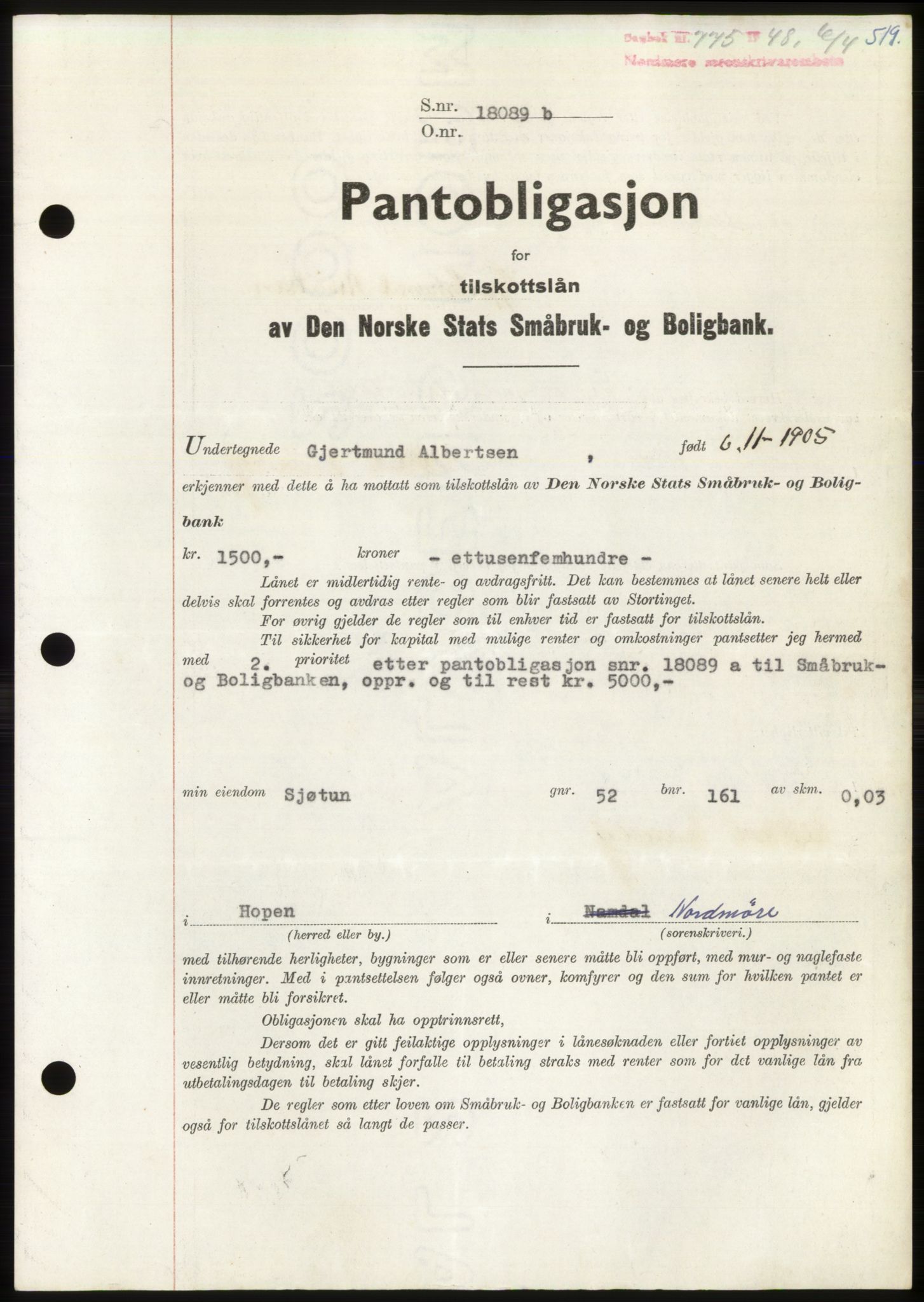 Nordmøre sorenskriveri, SAT/A-4132/1/2/2Ca: Pantebok nr. B98, 1948-1948, Dagboknr: 775/1948