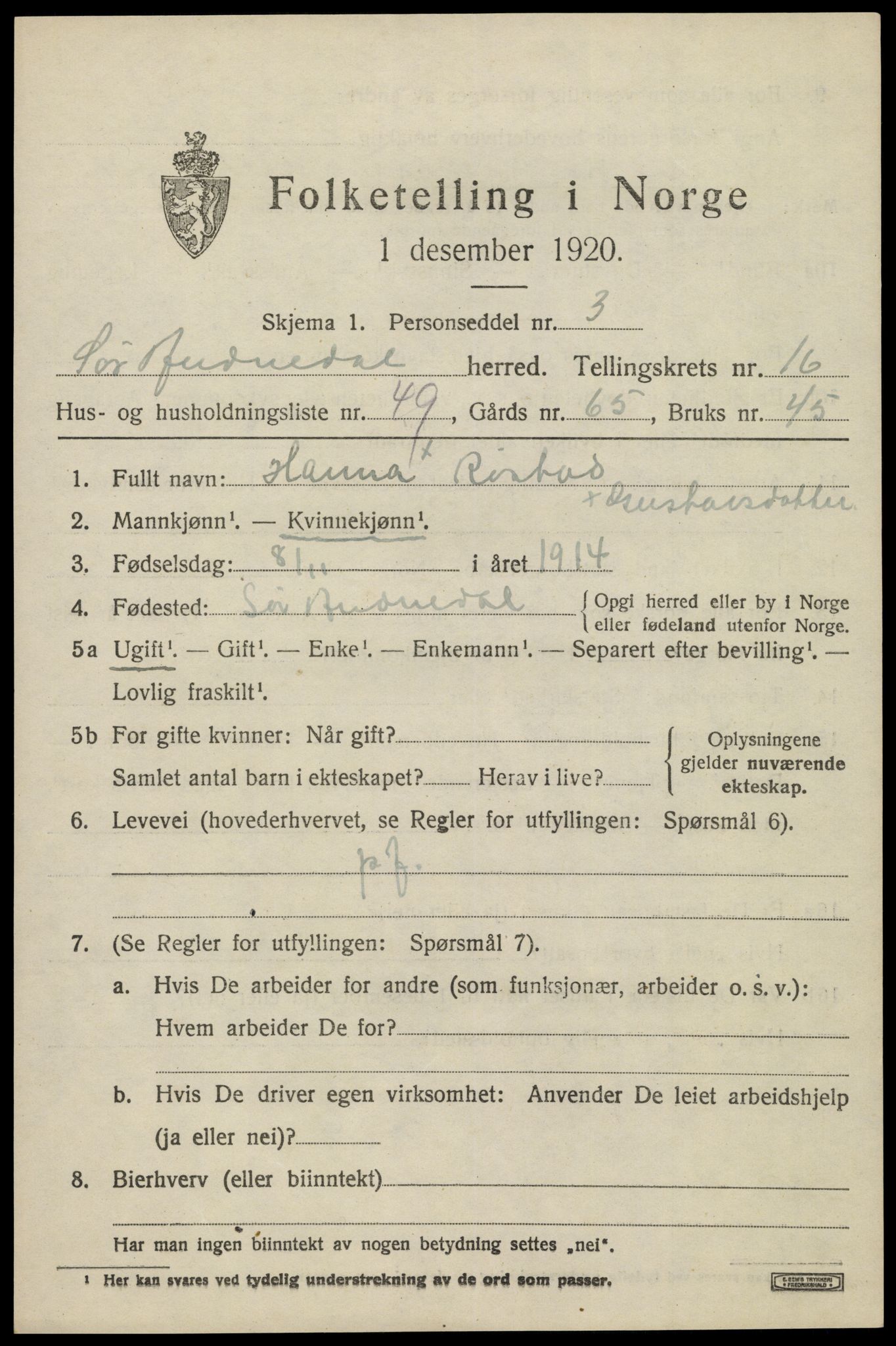 SAK, Folketelling 1920 for 1029 Sør-Audnedal herred, 1920, s. 6303