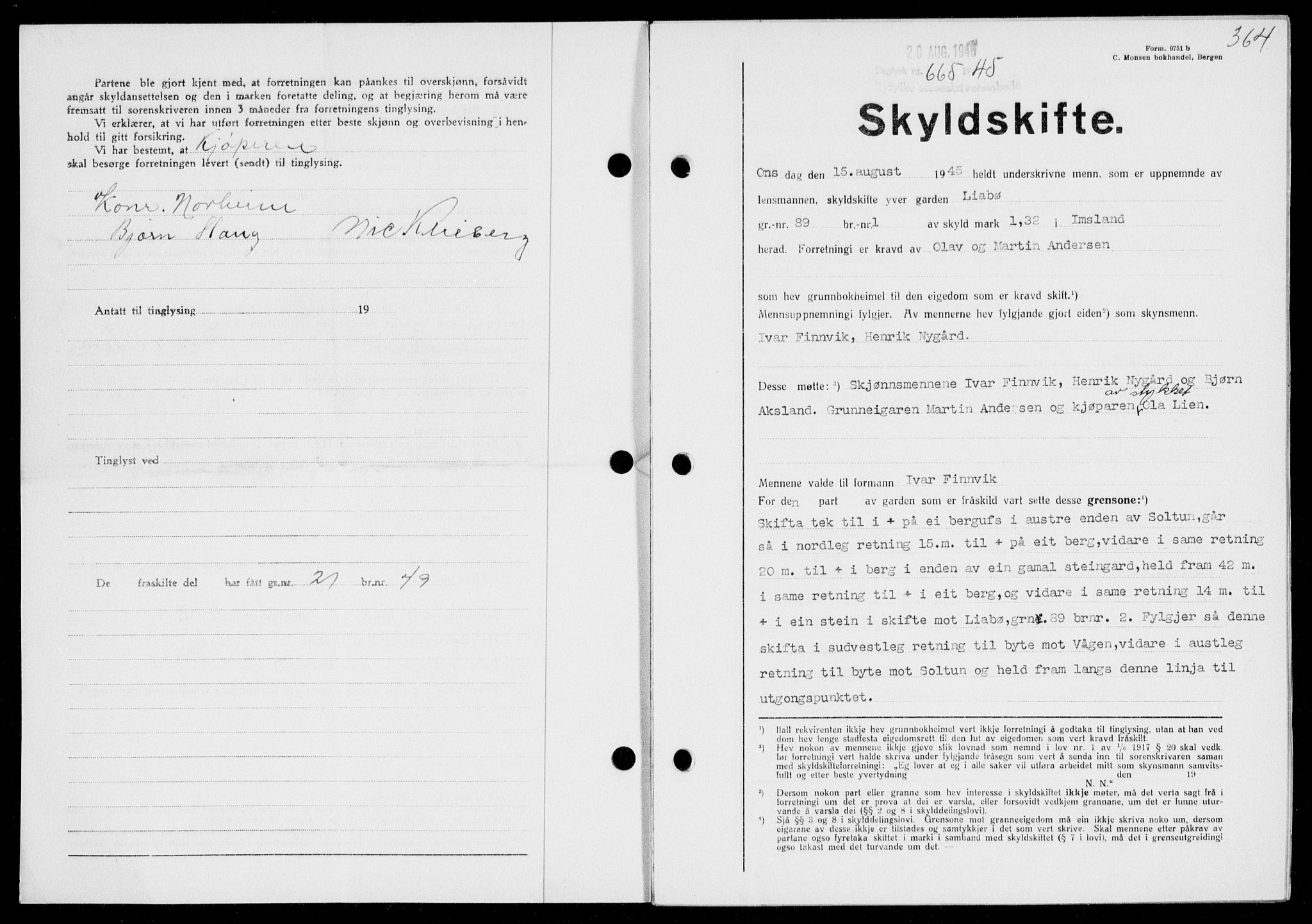 Ryfylke tingrett, SAST/A-100055/001/II/IIB/L0092: Pantebok nr. 71, 1944-1945, Dagboknr: 665/1945