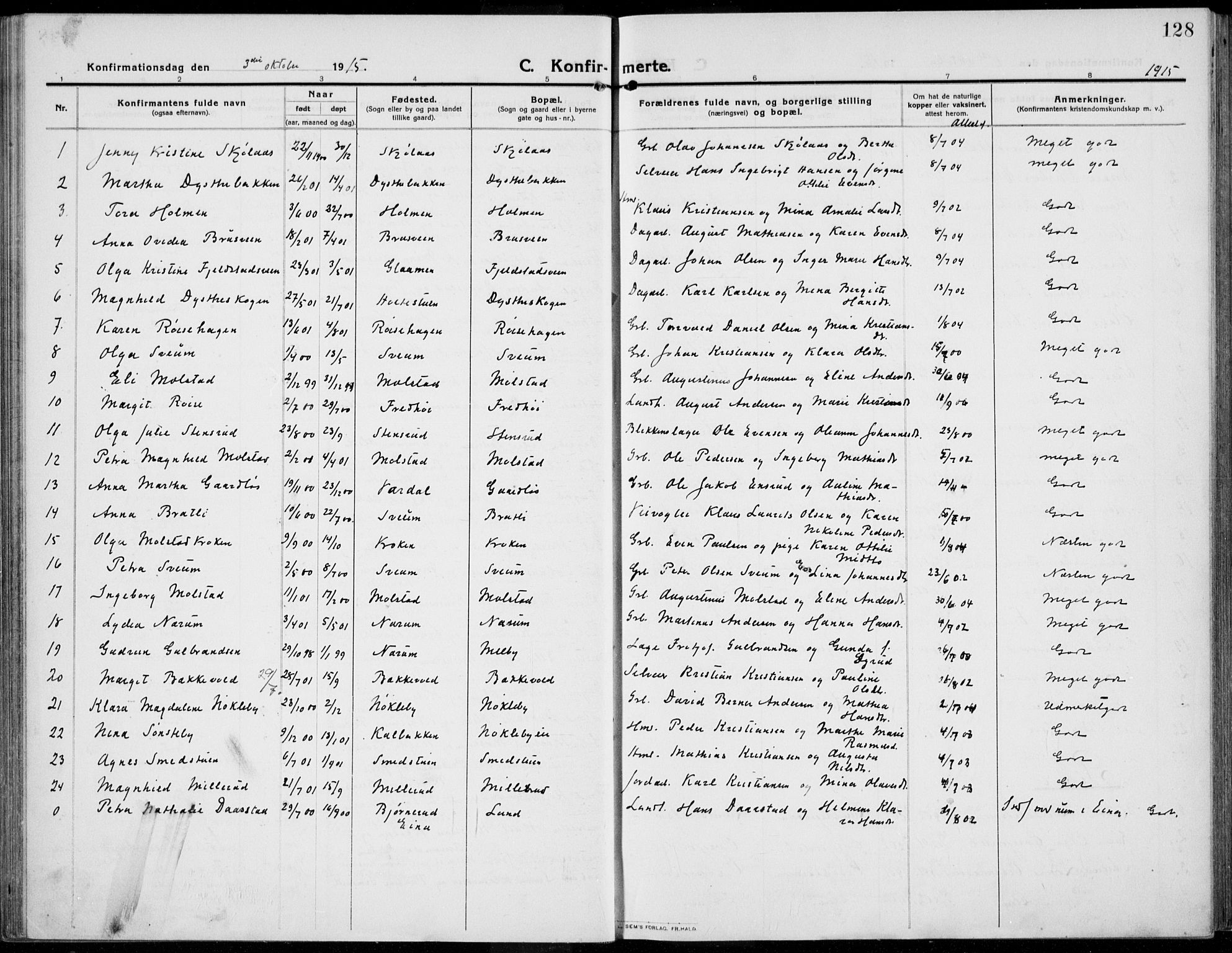 Kolbu prestekontor, AV/SAH-PREST-110/H/Ha/Haa/L0002: Ministerialbok nr. 2, 1912-1926, s. 128