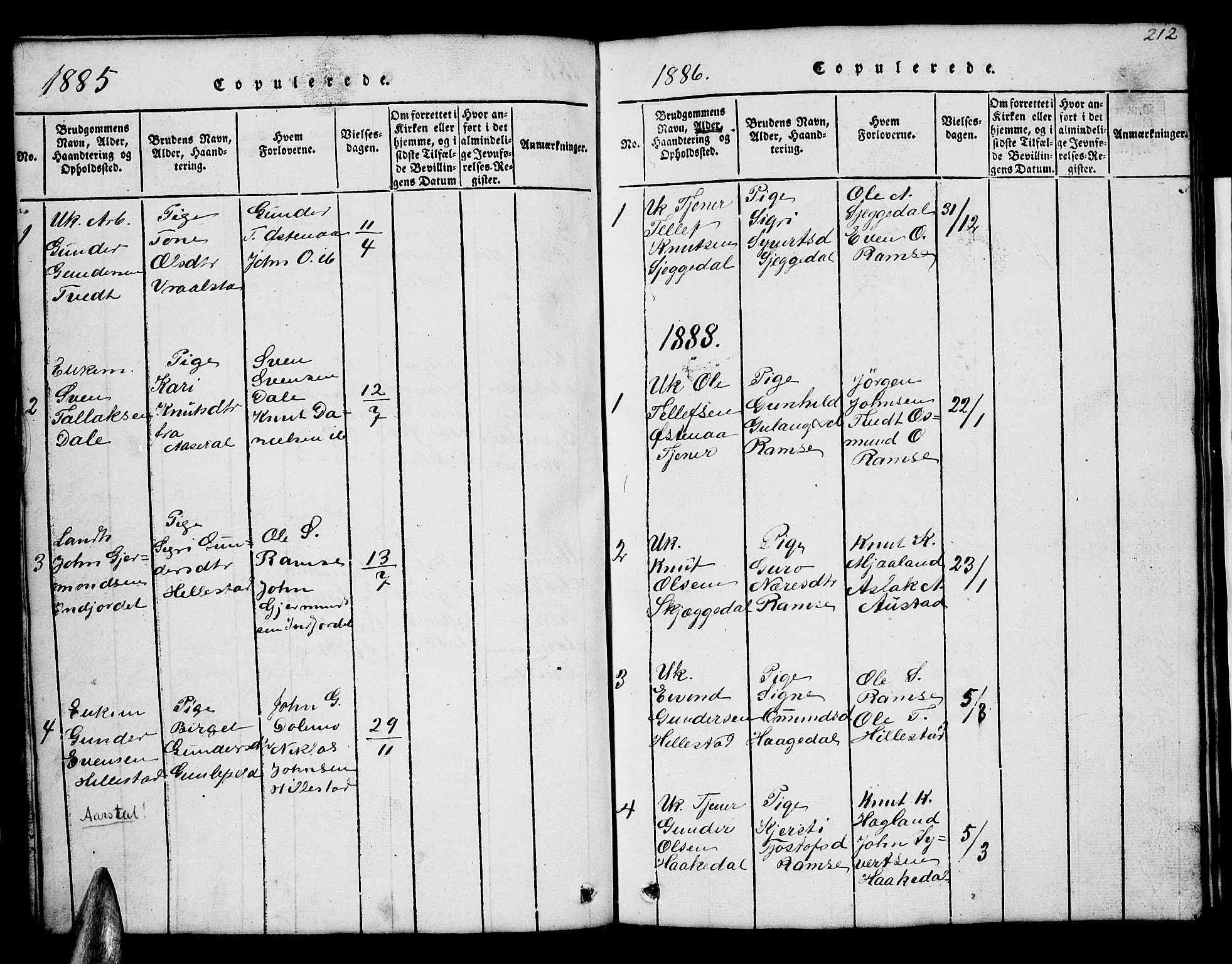 Åmli sokneprestkontor, SAK/1111-0050/F/Fb/Fbb/L0001: Klokkerbok nr. B 1, 1816-1889, s. 212