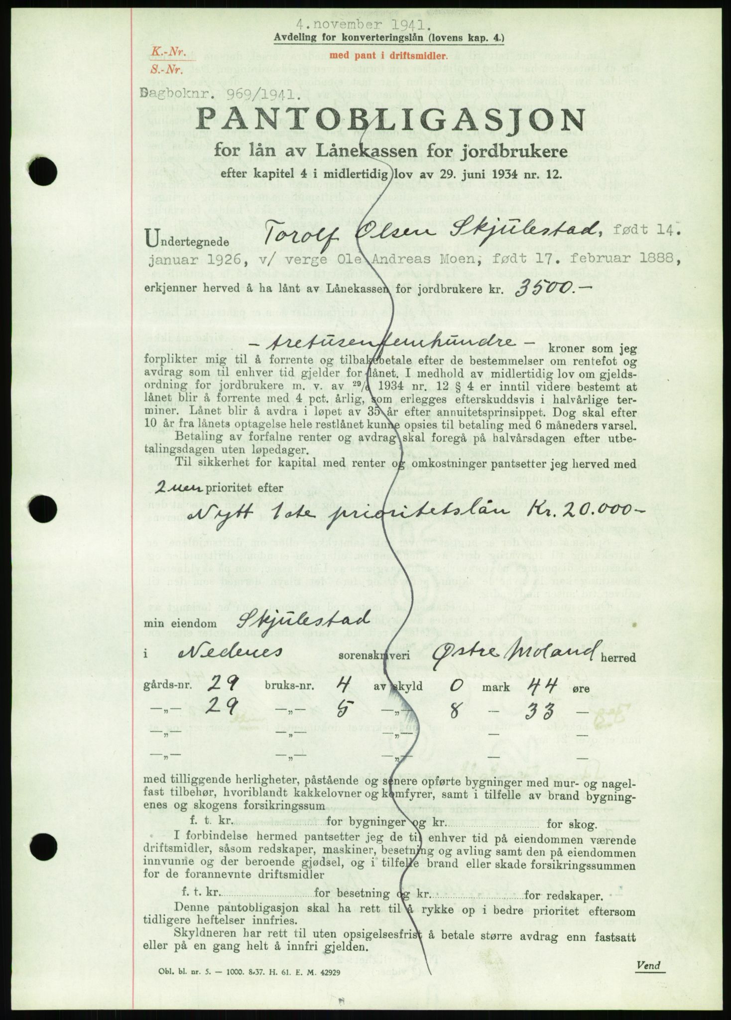 Nedenes sorenskriveri, AV/SAK-1221-0006/G/Gb/Gbb/L0001: Pantebok nr. I, 1939-1942, Dagboknr: 969/1941