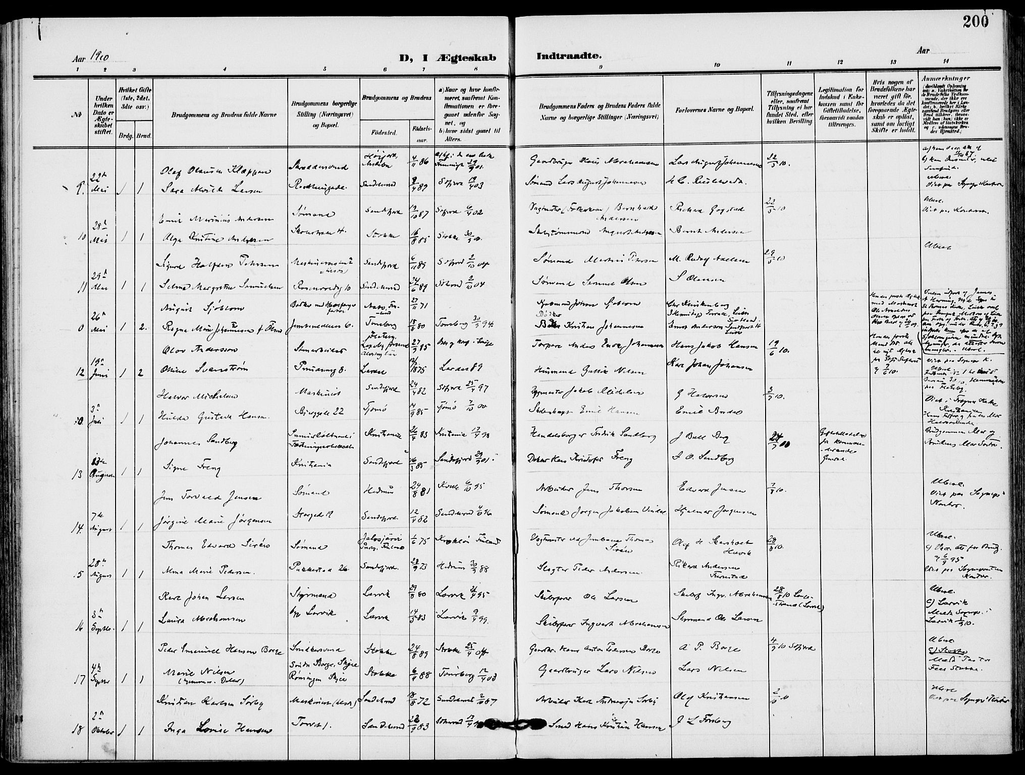 Sandefjord kirkebøker, AV/SAKO-A-315/F/Fa/L0005: Ministerialbok nr. 5, 1906-1915, s. 200
