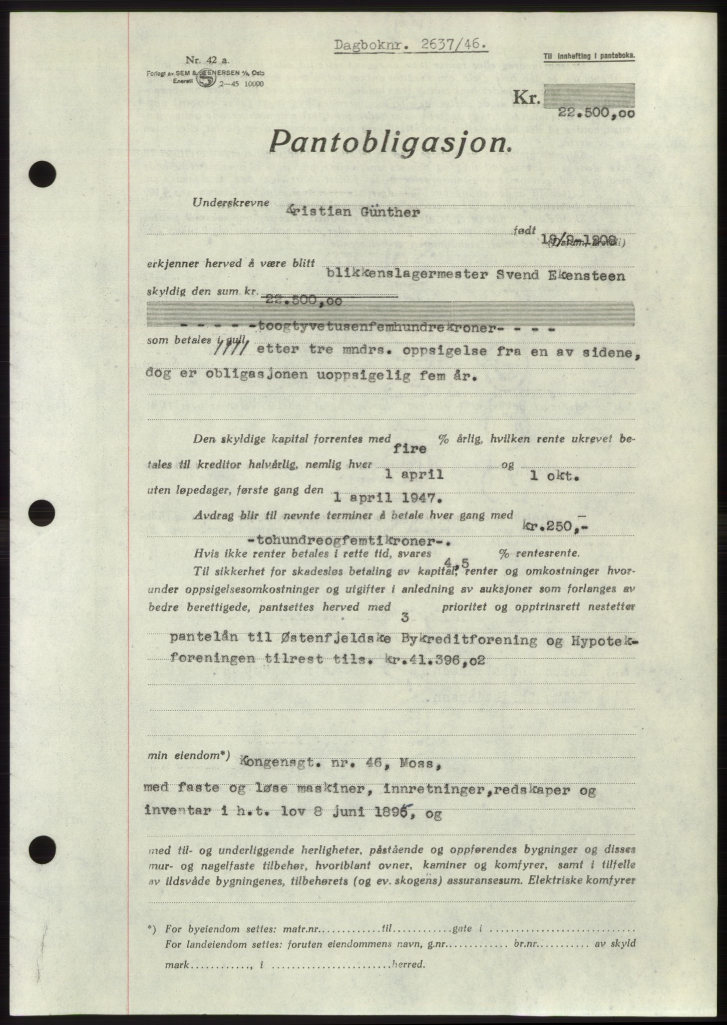 Moss sorenskriveri, SAO/A-10168: Pantebok nr. B16, 1946-1947, Dagboknr: 2637/1946
