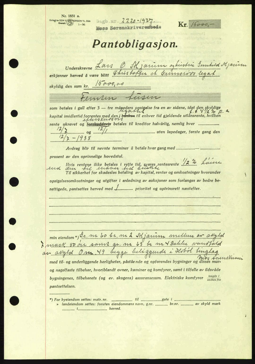 Moss sorenskriveri, SAO/A-10168: Pantebok nr. B4, 1937-1938, Dagboknr: 2220/1937