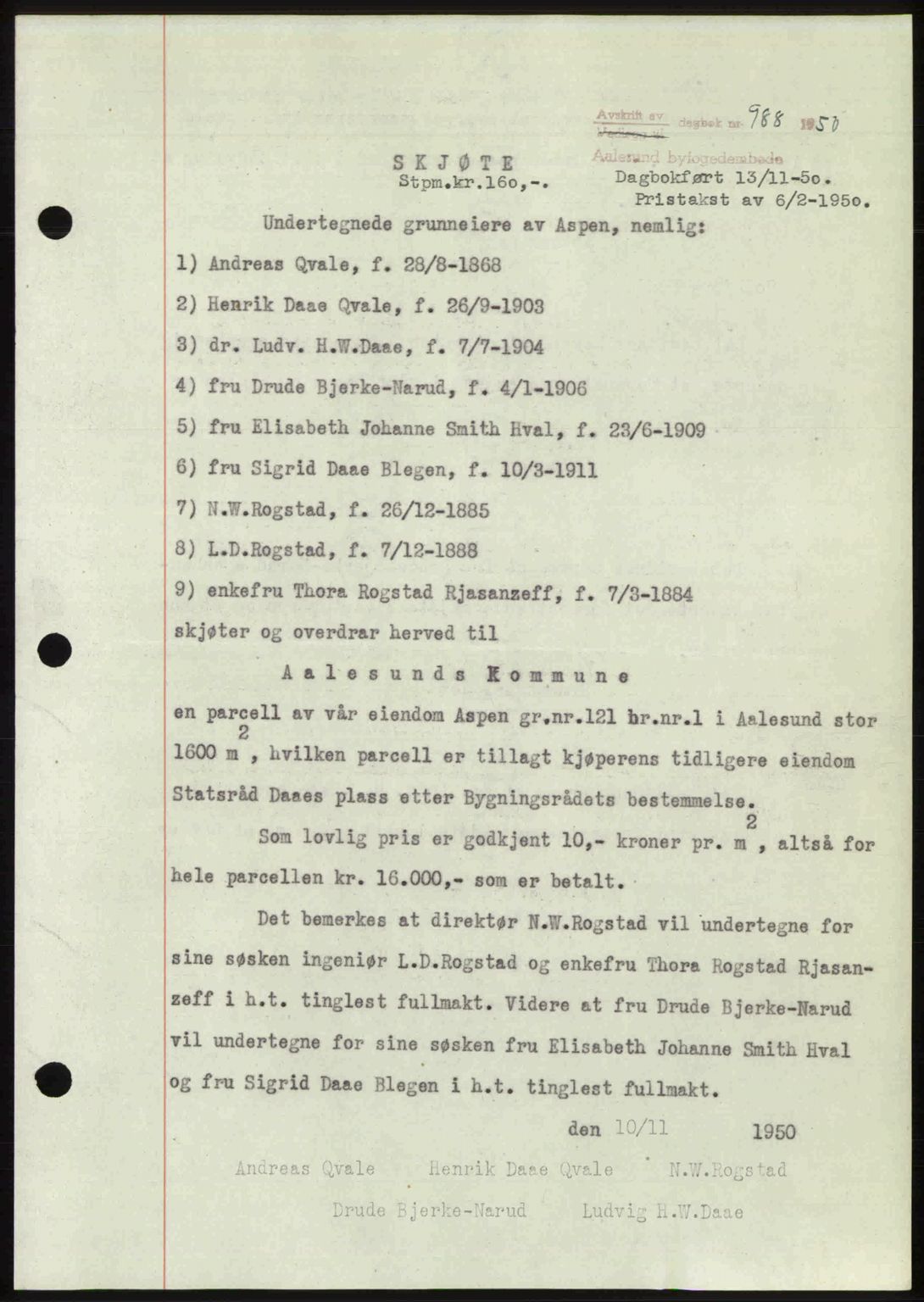 Ålesund byfogd, AV/SAT-A-4384: Pantebok nr. 37A (2), 1949-1950, Dagboknr: 988/1950