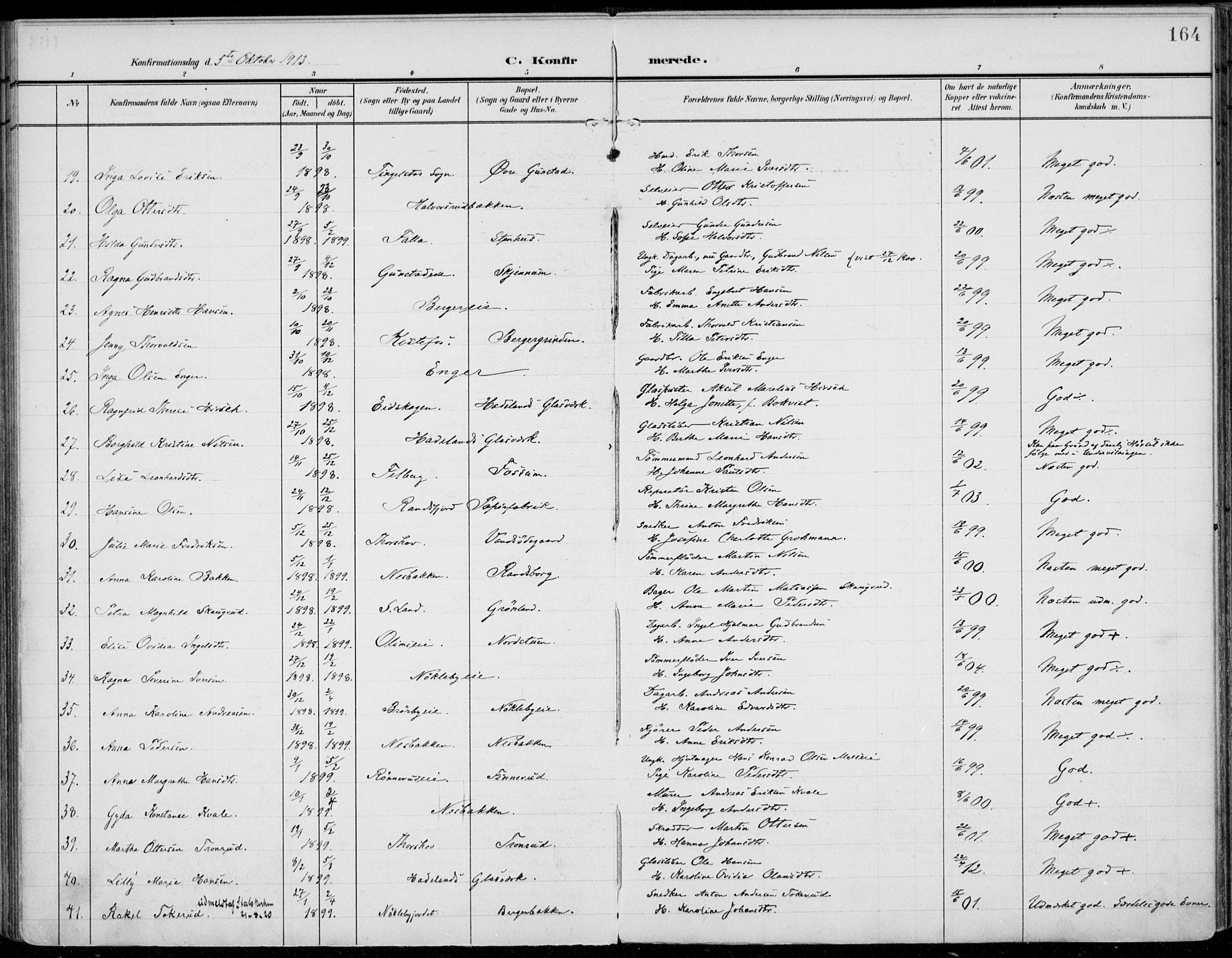 Jevnaker prestekontor, AV/SAH-PREST-116/H/Ha/Haa/L0011: Ministerialbok nr. 11, 1902-1913, s. 164