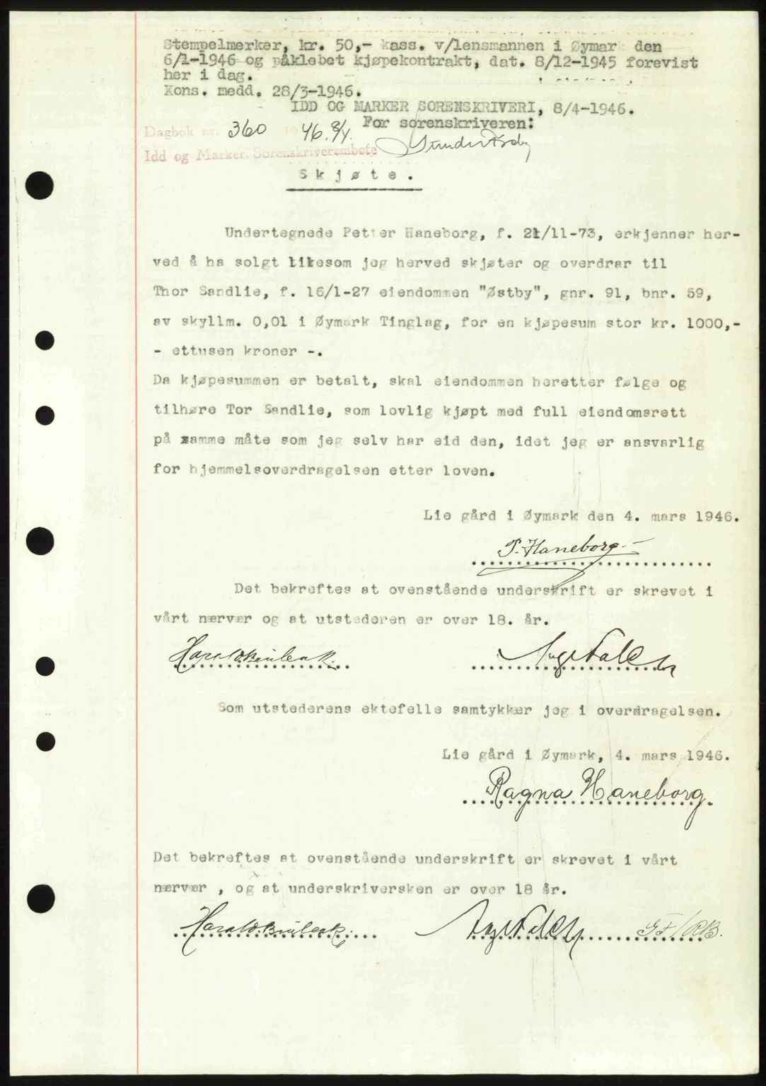 Idd og Marker sorenskriveri, AV/SAO-A-10283/G/Gb/Gbb/L0008: Pantebok nr. A8, 1946-1946, Dagboknr: 360/1946