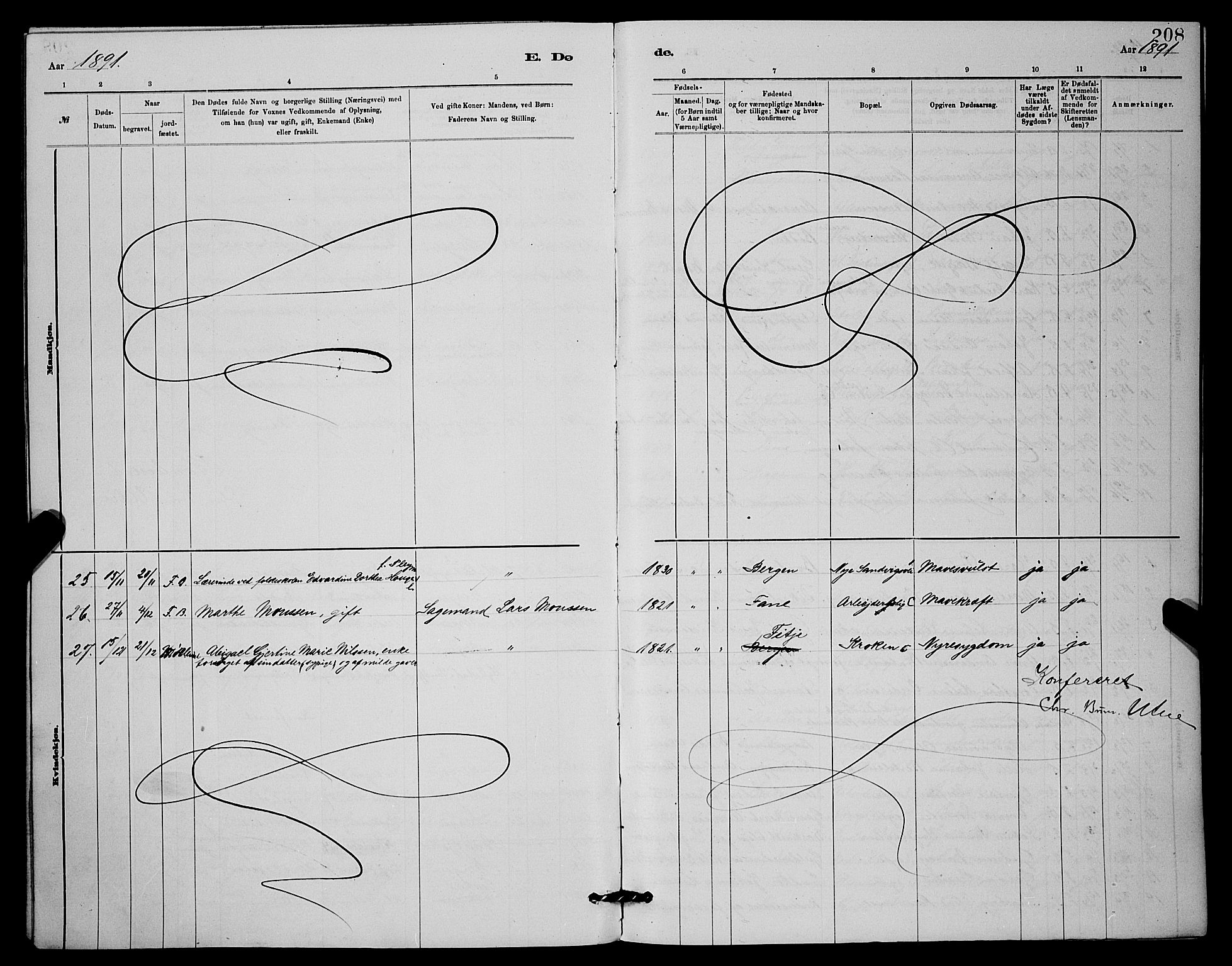 Mariakirken Sokneprestembete, SAB/A-76901/H/Hab/L0004: Klokkerbok nr. A 4, 1878-1892, s. 208