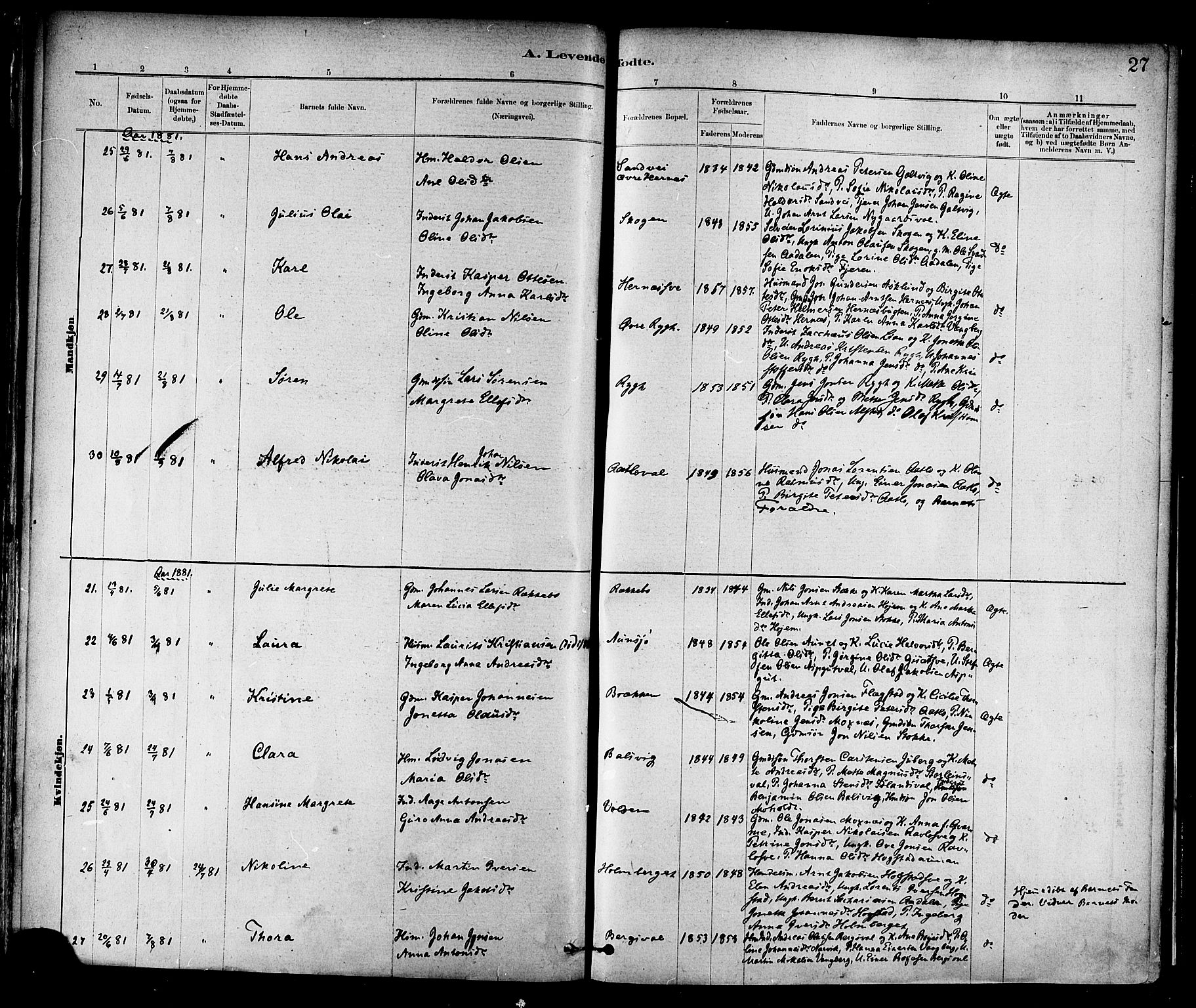 Ministerialprotokoller, klokkerbøker og fødselsregistre - Nord-Trøndelag, AV/SAT-A-1458/713/L0120: Ministerialbok nr. 713A09, 1878-1887, s. 27