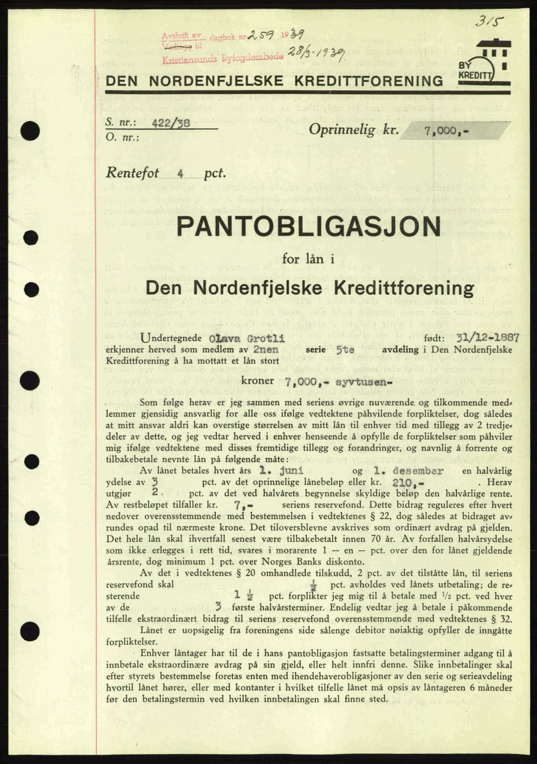 Kristiansund byfogd, SAT/A-4587/A/27: Pantebok nr. 31, 1938-1939, Dagboknr: 259/1939