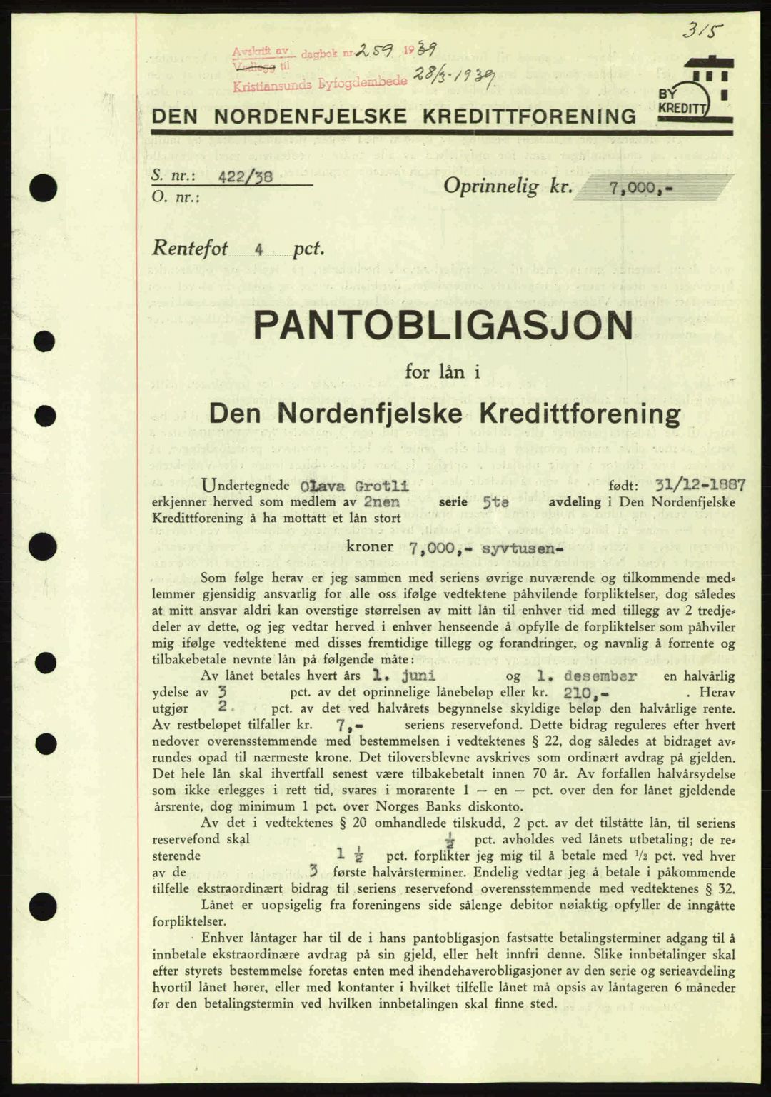 Kristiansund byfogd, AV/SAT-A-4587/A/27: Pantebok nr. 31, 1938-1939, Dagboknr: 259/1939