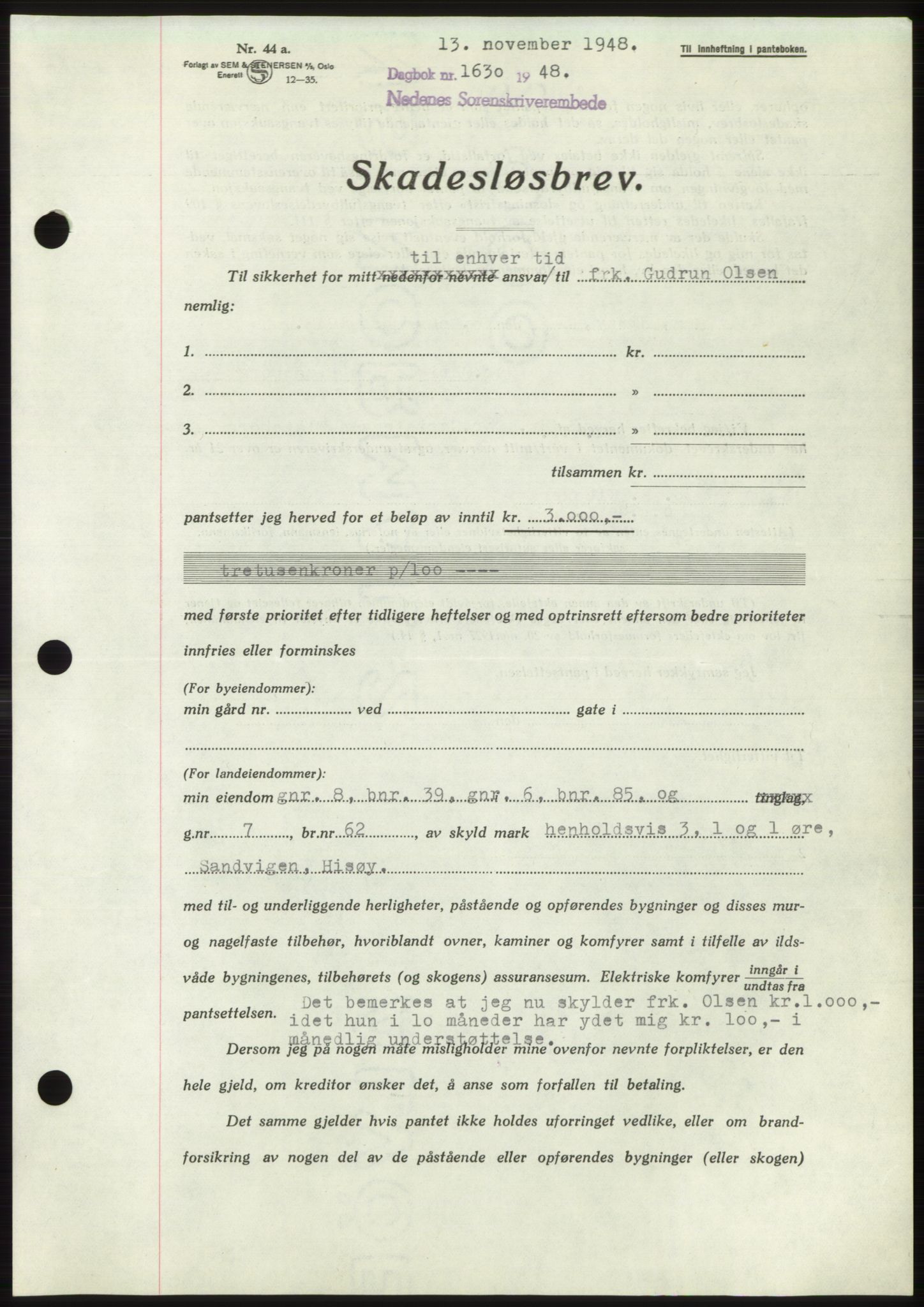 Nedenes sorenskriveri, AV/SAK-1221-0006/G/Gb/Gbb/L0005: Pantebok nr. B5, 1948-1948, Dagboknr: 1630/1948