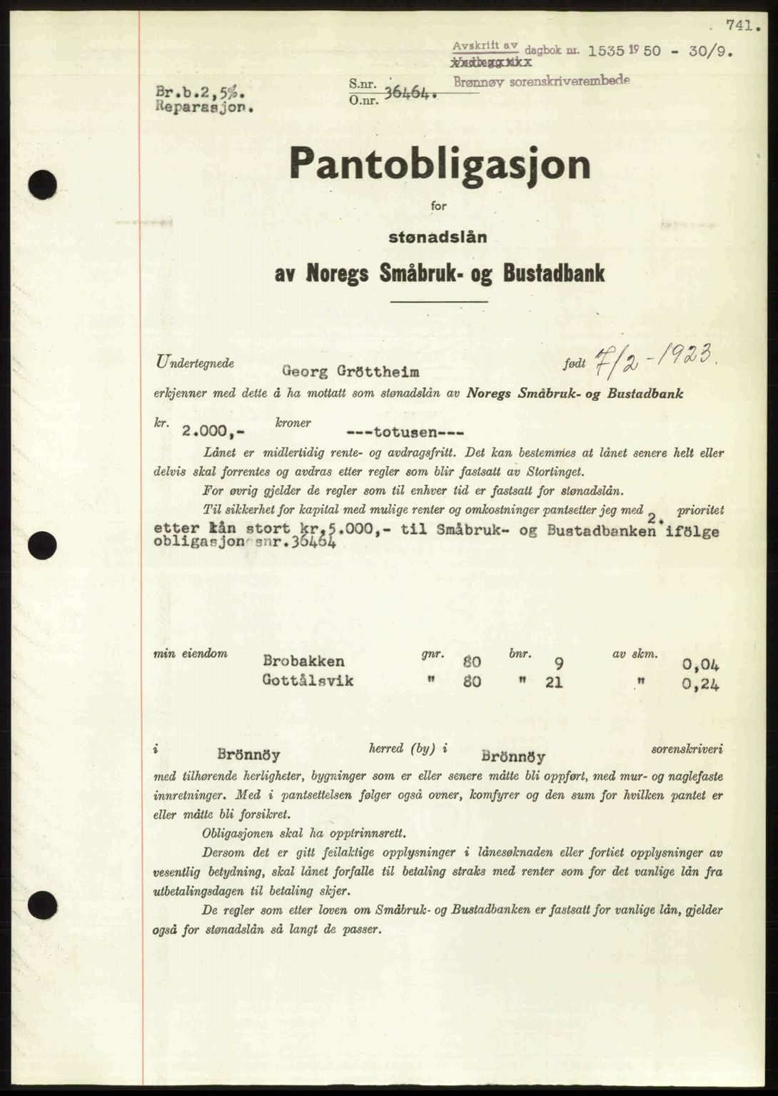 Brønnøy sorenskriveri, SAT/A-4170/1/2/2C: Pantebok nr. 36, 1950-1950, Dagboknr: 1535/1950