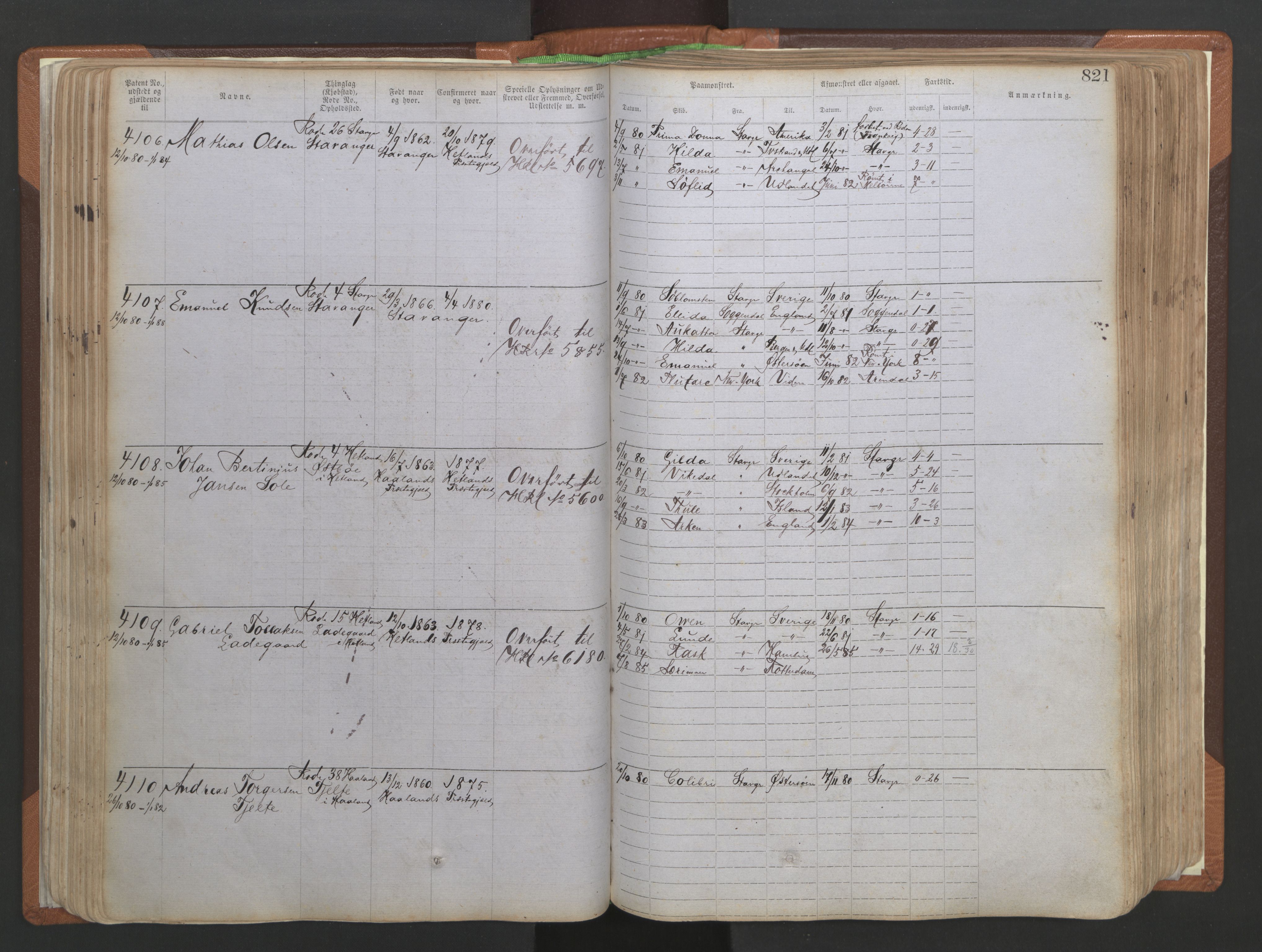 Stavanger sjømannskontor, AV/SAST-A-102006/F/Ff/L0006: Annotasjonsrulle No 2, patentnr. 3586-5505, 1878-1900, s. 108