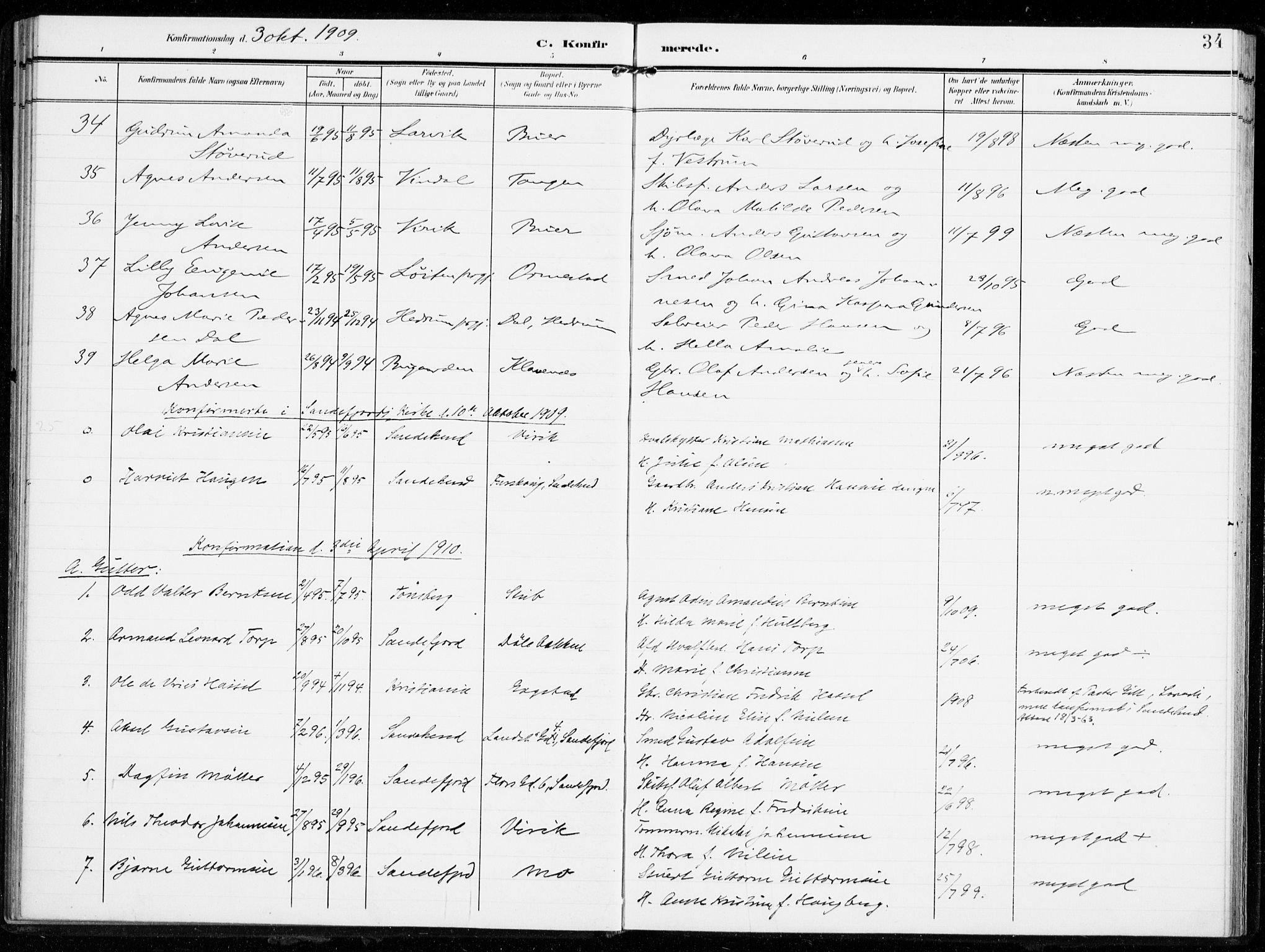 Sandar kirkebøker, AV/SAKO-A-243/F/Fa/L0017: Ministerialbok nr. 17, 1907-1917, s. 34