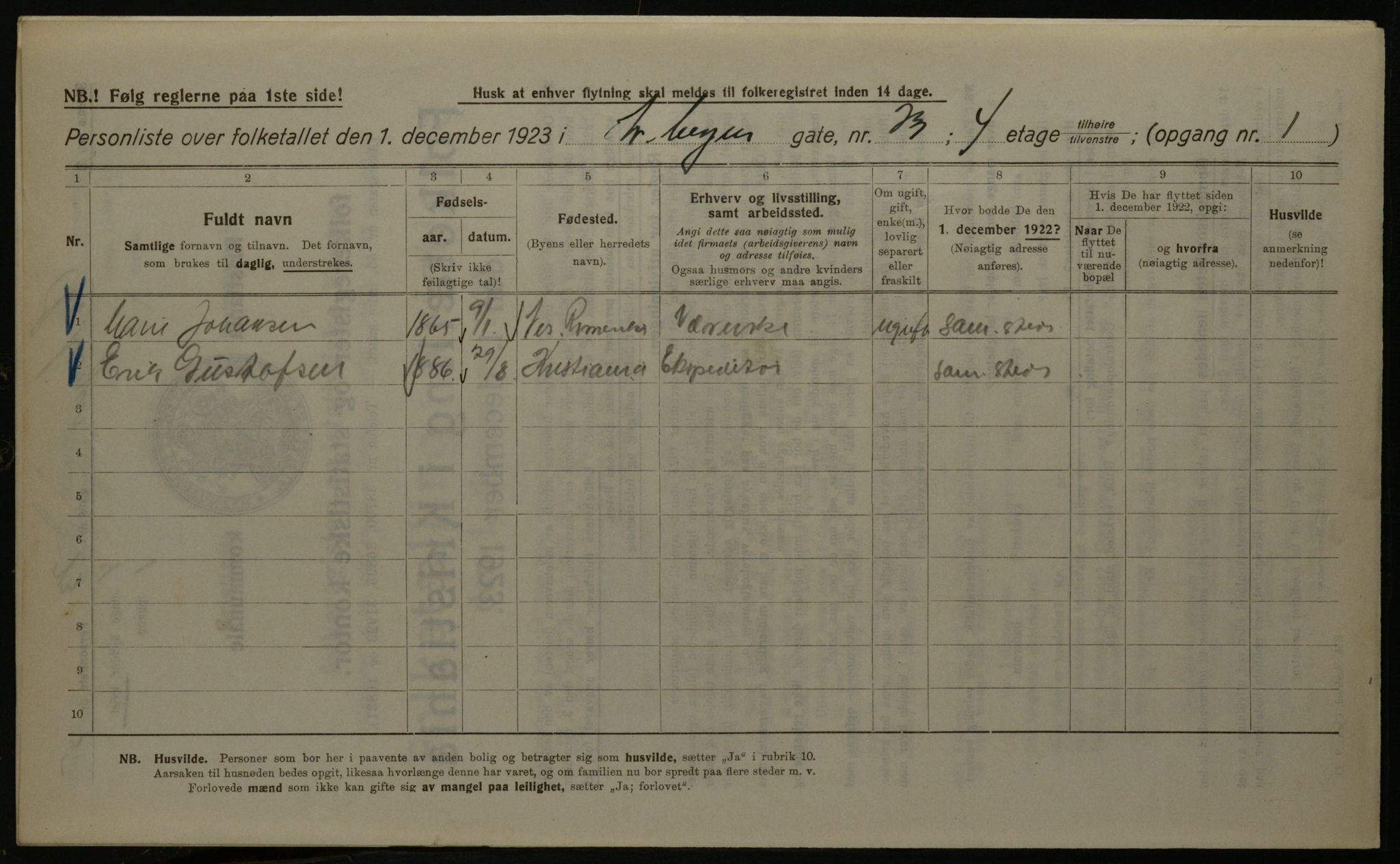 OBA, Kommunal folketelling 1.12.1923 for Kristiania, 1923, s. 121475