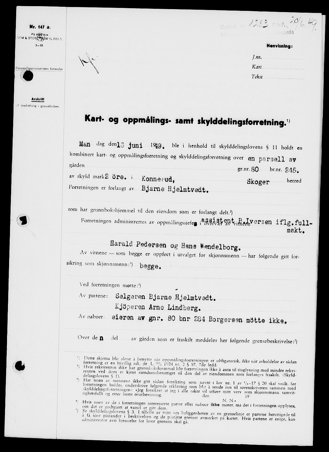 Holmestrand sorenskriveri, SAKO/A-67/G/Ga/Gaa/L0066: Pantebok nr. A-66, 1949-1949, Dagboknr: 1283/1949