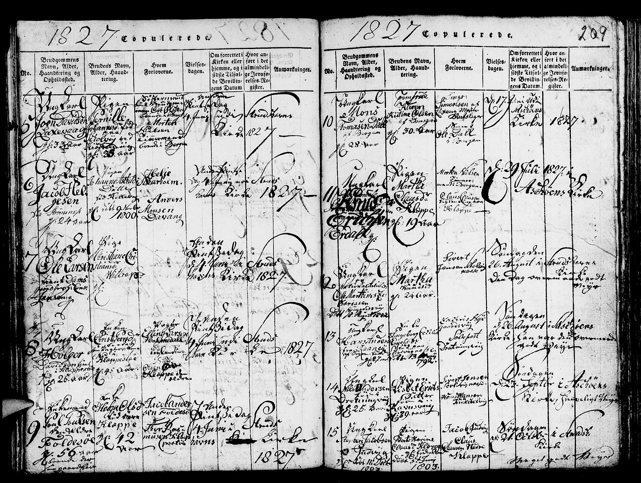 Askøy Sokneprestembete, AV/SAB-A-74101/H/Ha/Hab/Haba/L0002: Klokkerbok nr. A 2, 1815-1846, s. 209