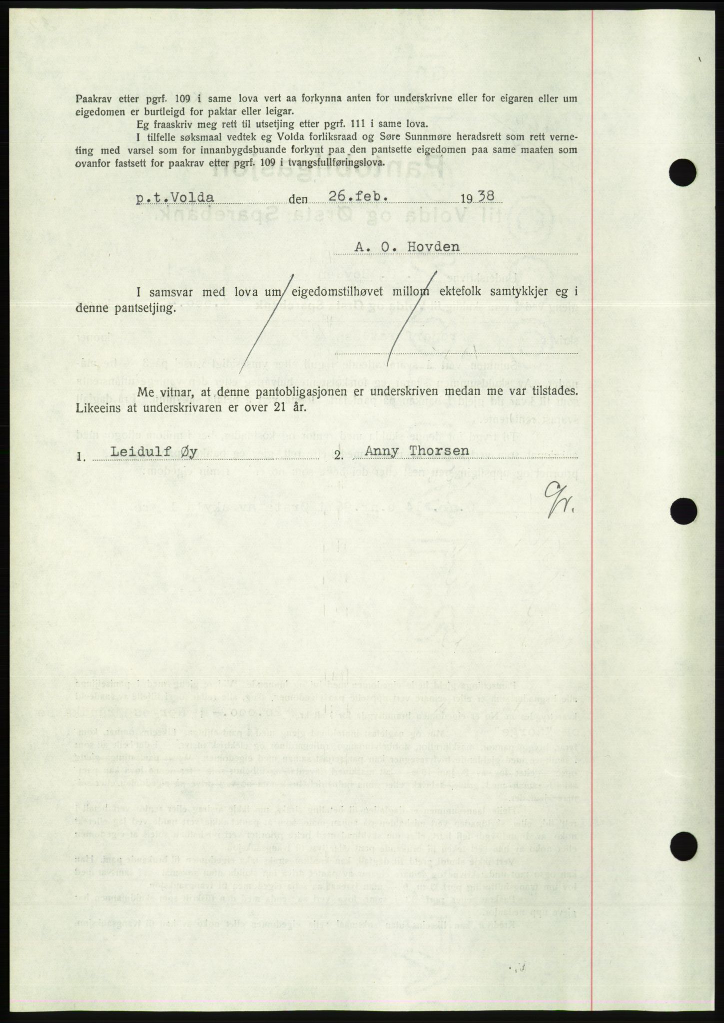 Søre Sunnmøre sorenskriveri, AV/SAT-A-4122/1/2/2C/L0065: Pantebok nr. 59, 1938-1938, Dagboknr: 262/1938