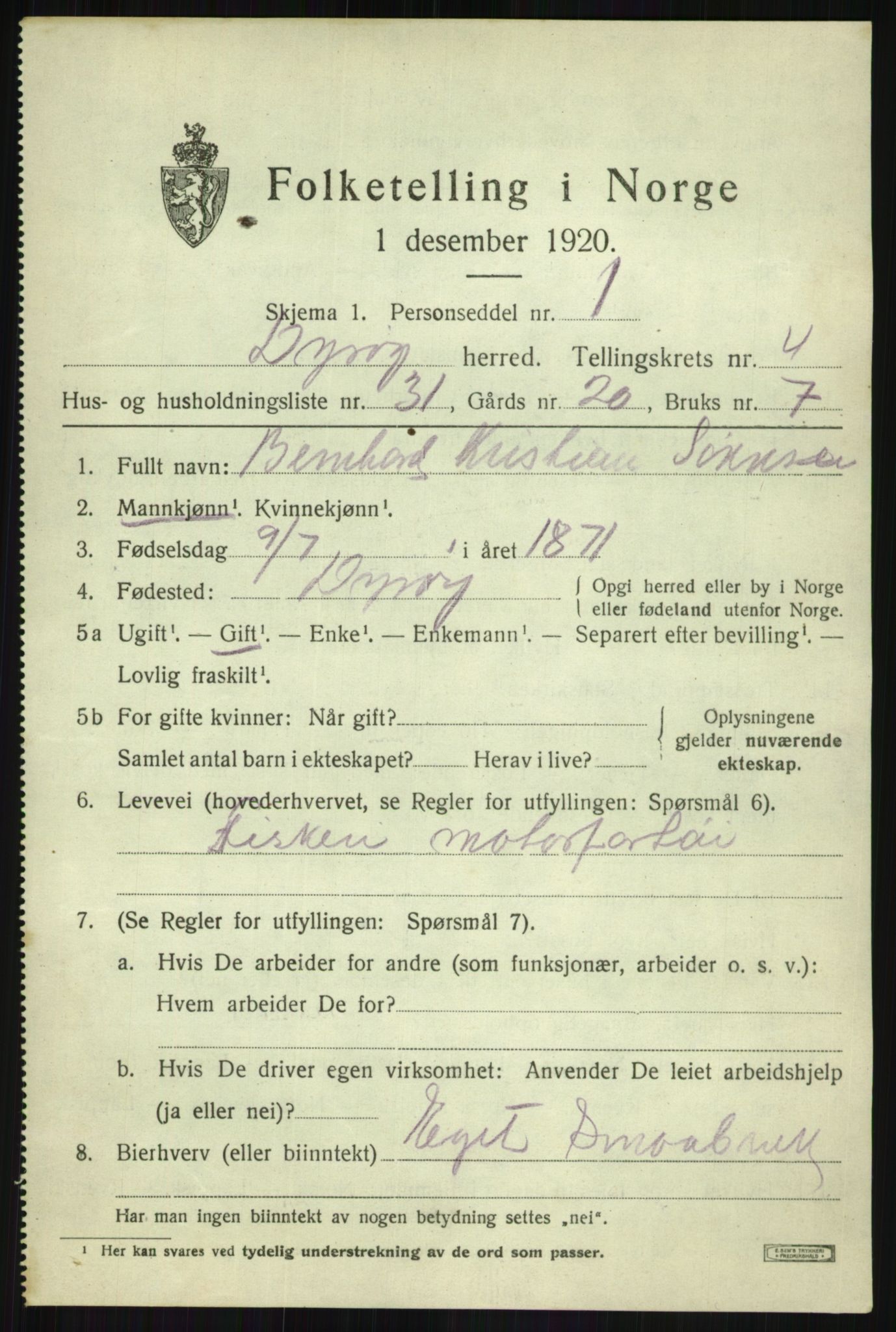 SATØ, Folketelling 1920 for 1926 Dyrøy herred, 1920, s. 2551