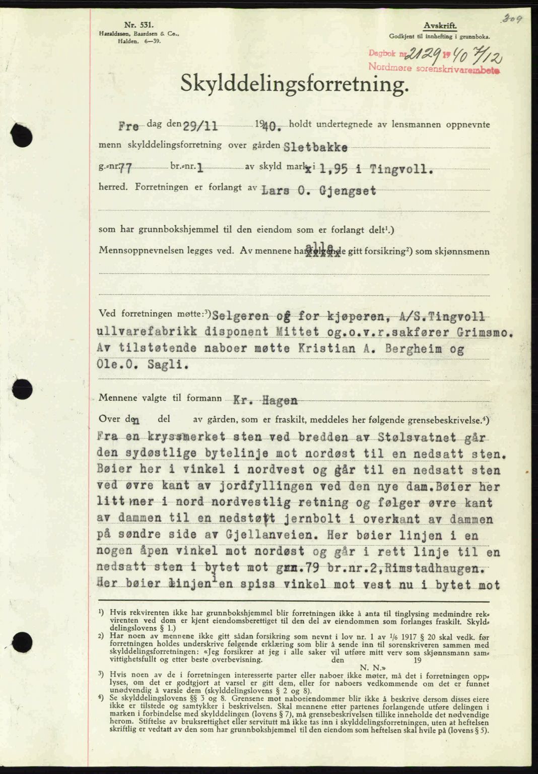 Nordmøre sorenskriveri, SAT/A-4132/1/2/2Ca: Pantebok nr. A89, 1940-1941, Dagboknr: 2129/1940