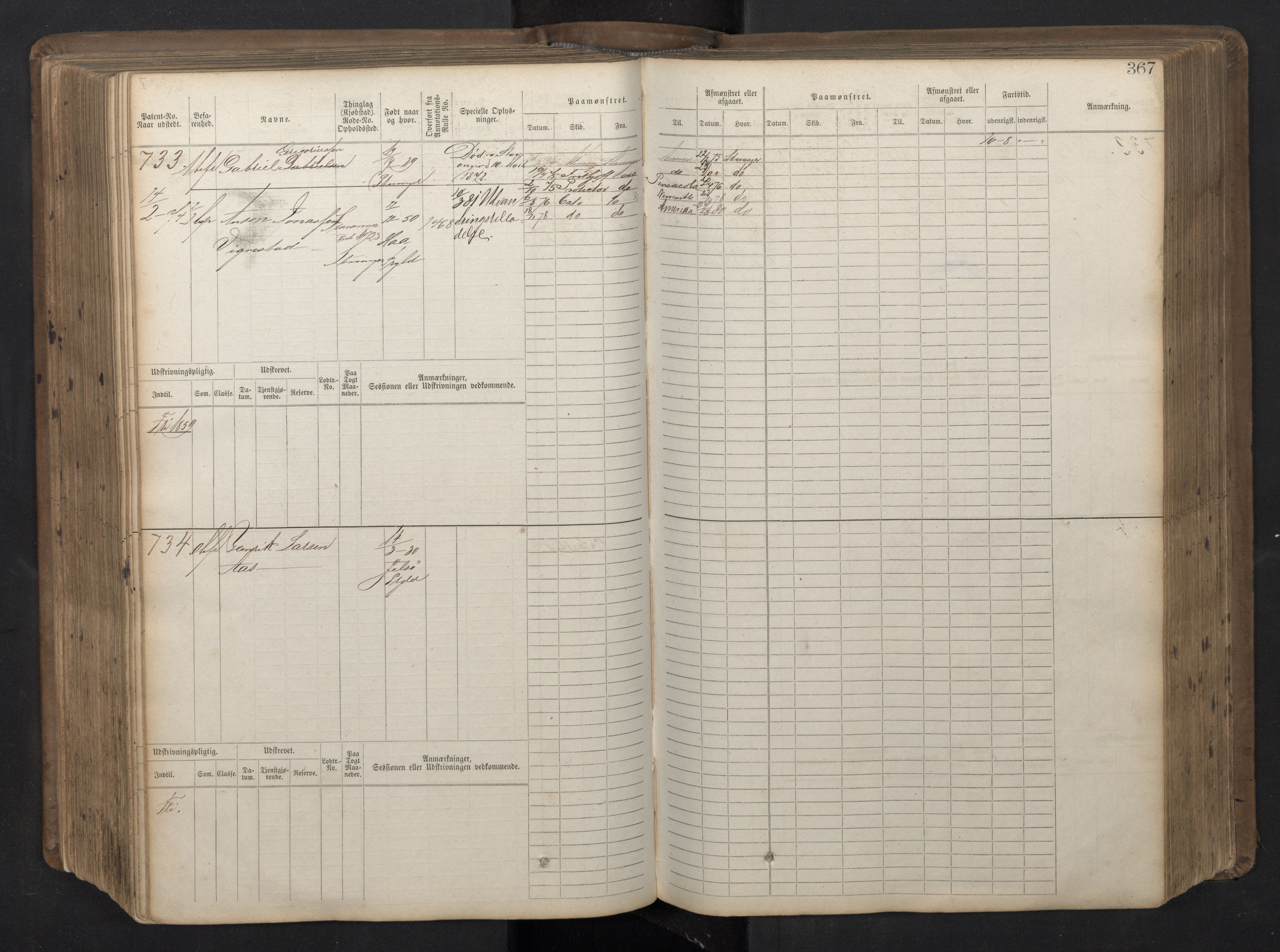 Stavanger sjømannskontor, AV/SAST-A-102006/F/Fb/Fbb/L0016: Sjøfartshovedrulle patnentnr. 1-1202 (dublett), 1869, s. 367