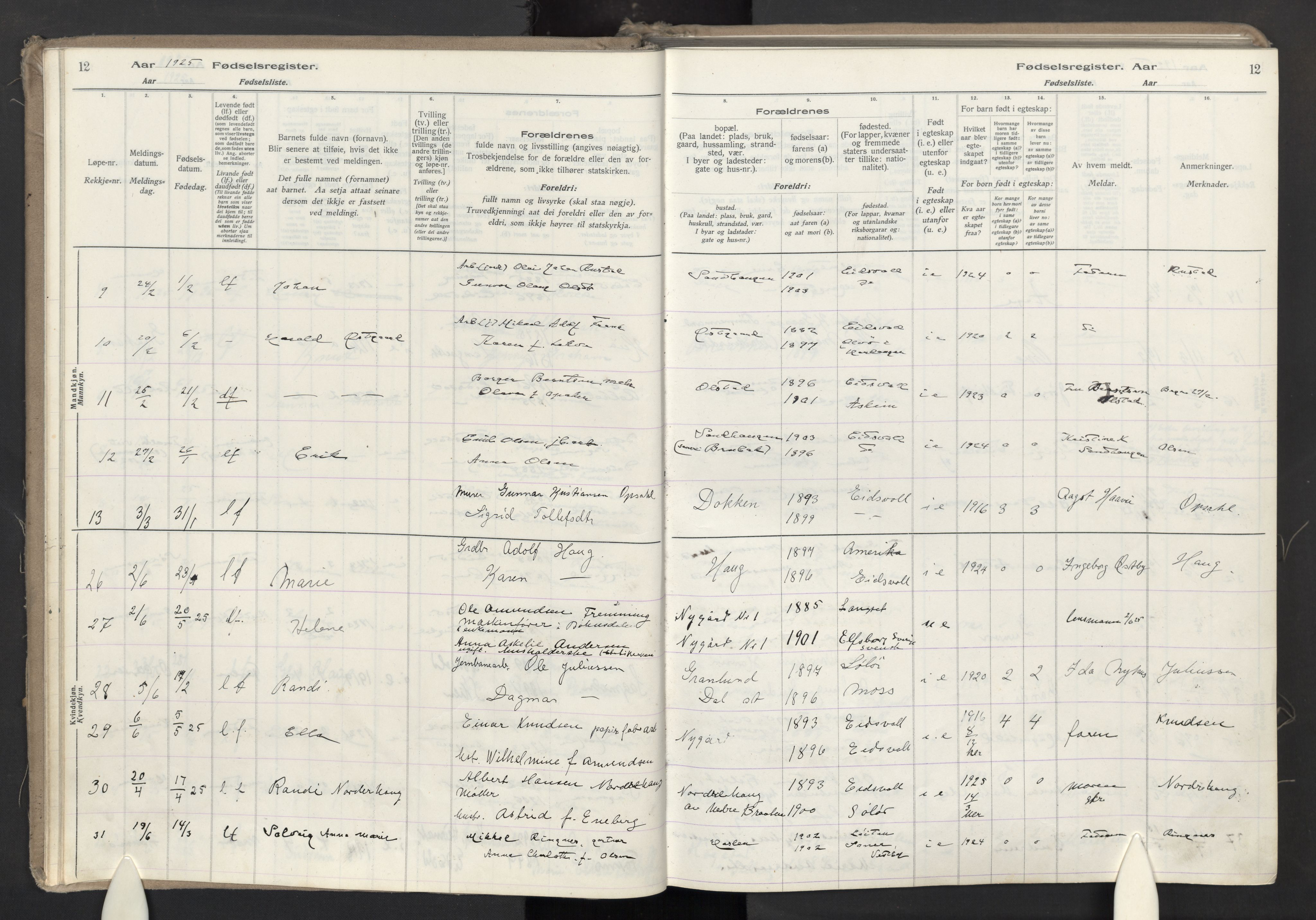 Eidsvoll prestekontor Kirkebøker, AV/SAO-A-10888/J/Ja/L0002: Fødselsregister nr. I 2, 1924-1937, s. 12