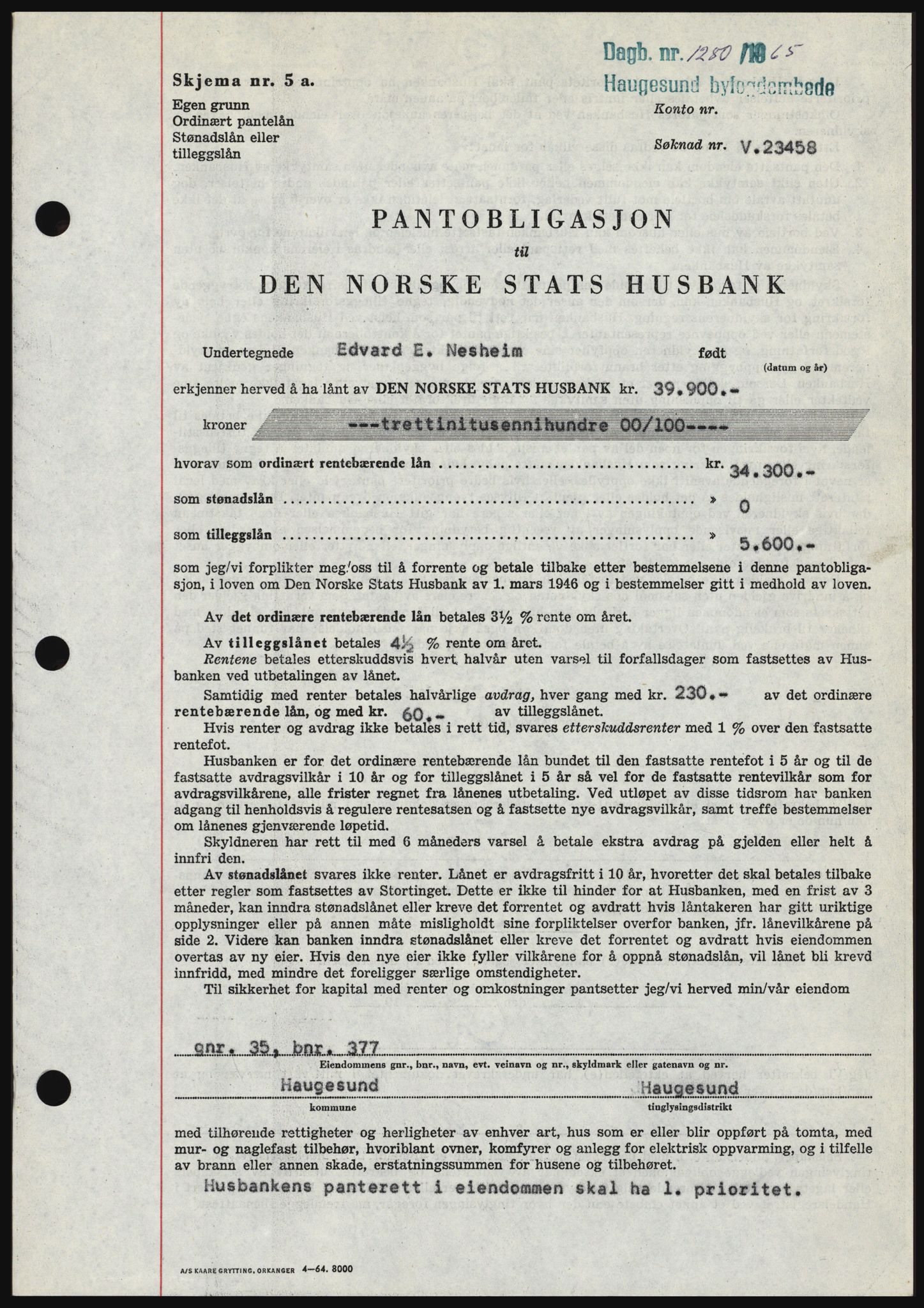 Haugesund tingrett, SAST/A-101415/01/II/IIC/L0053: Pantebok nr. B 53, 1965-1965, Dagboknr: 1280/1965