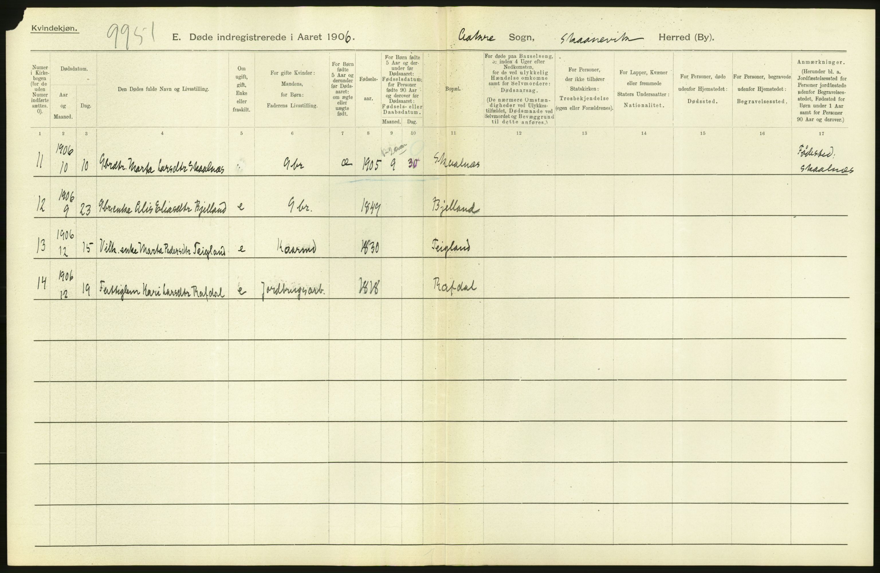 Statistisk sentralbyrå, Sosiodemografiske emner, Befolkning, AV/RA-S-2228/D/Df/Dfa/Dfad/L0030: S. Bergenhus amt: Døde. Bygder., 1906, s. 94