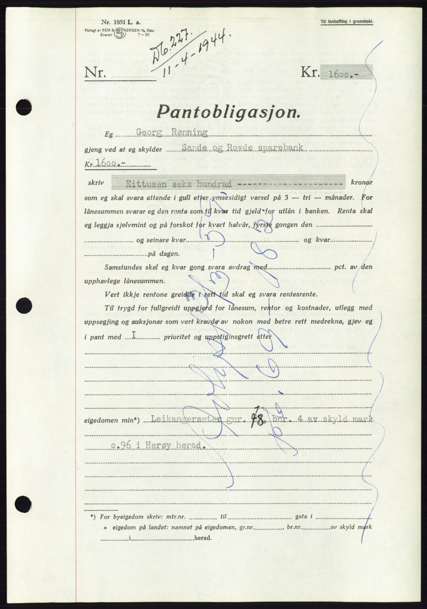 Søre Sunnmøre sorenskriveri, AV/SAT-A-4122/1/2/2C/L0114: Pantebok nr. 1-2B, 1943-1947, Dagboknr: 227/1944